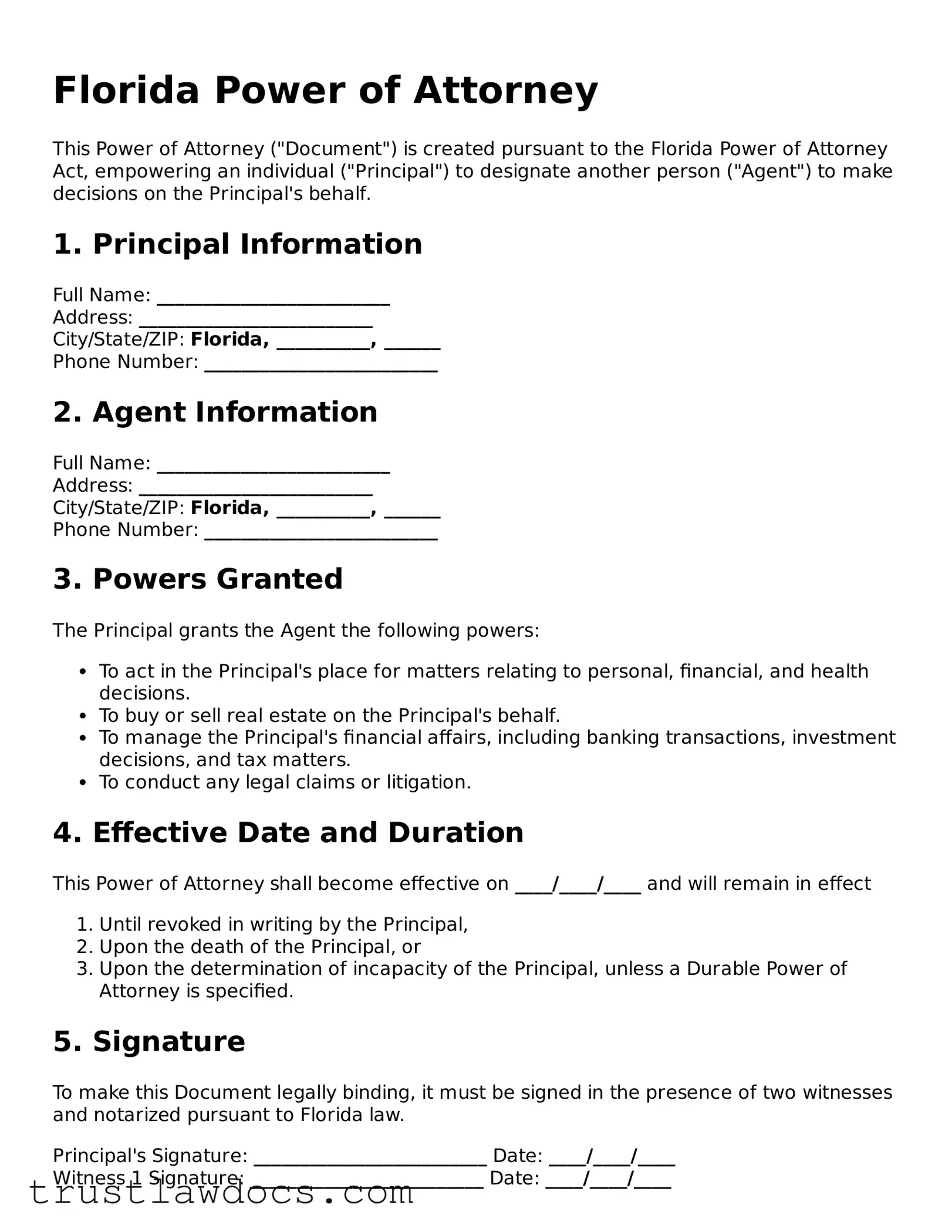 Free  Power of Attorney Form for Florida