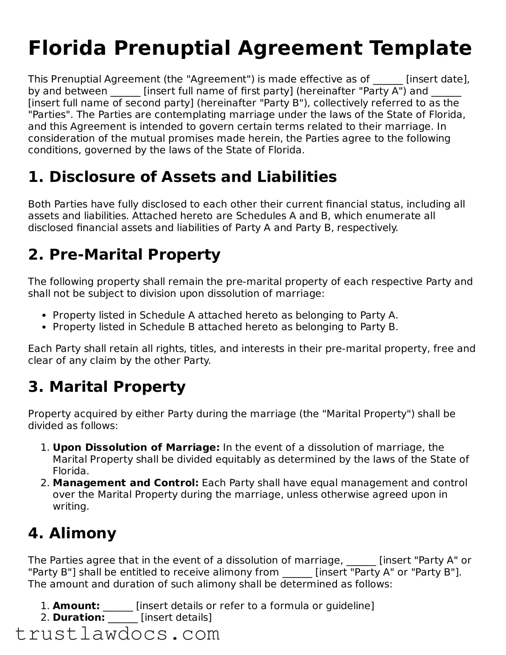 Free  Prenuptial Agreement Form for Florida