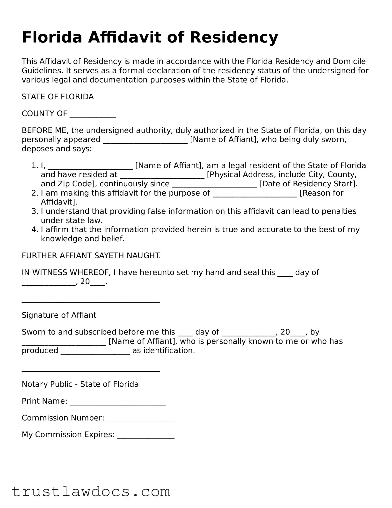 Free  Affidavit of Residency Form for Florida
