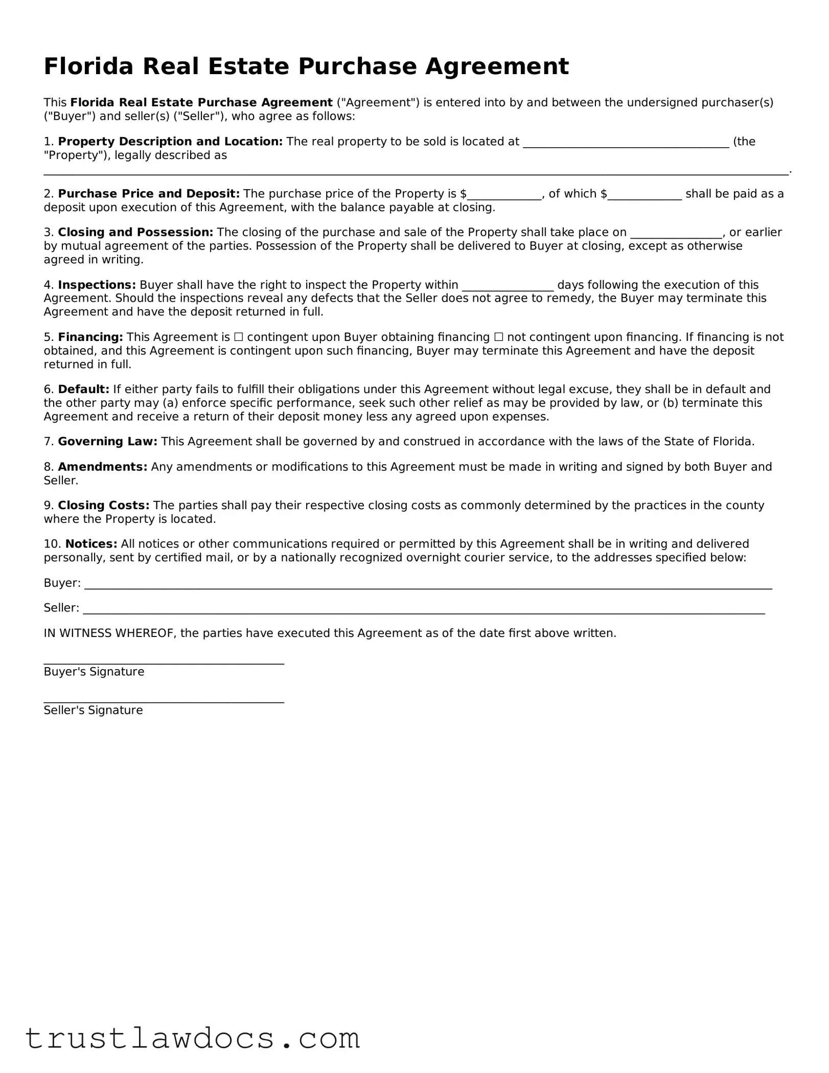 Free  Real Estate Purchase Agreement Form for Florida