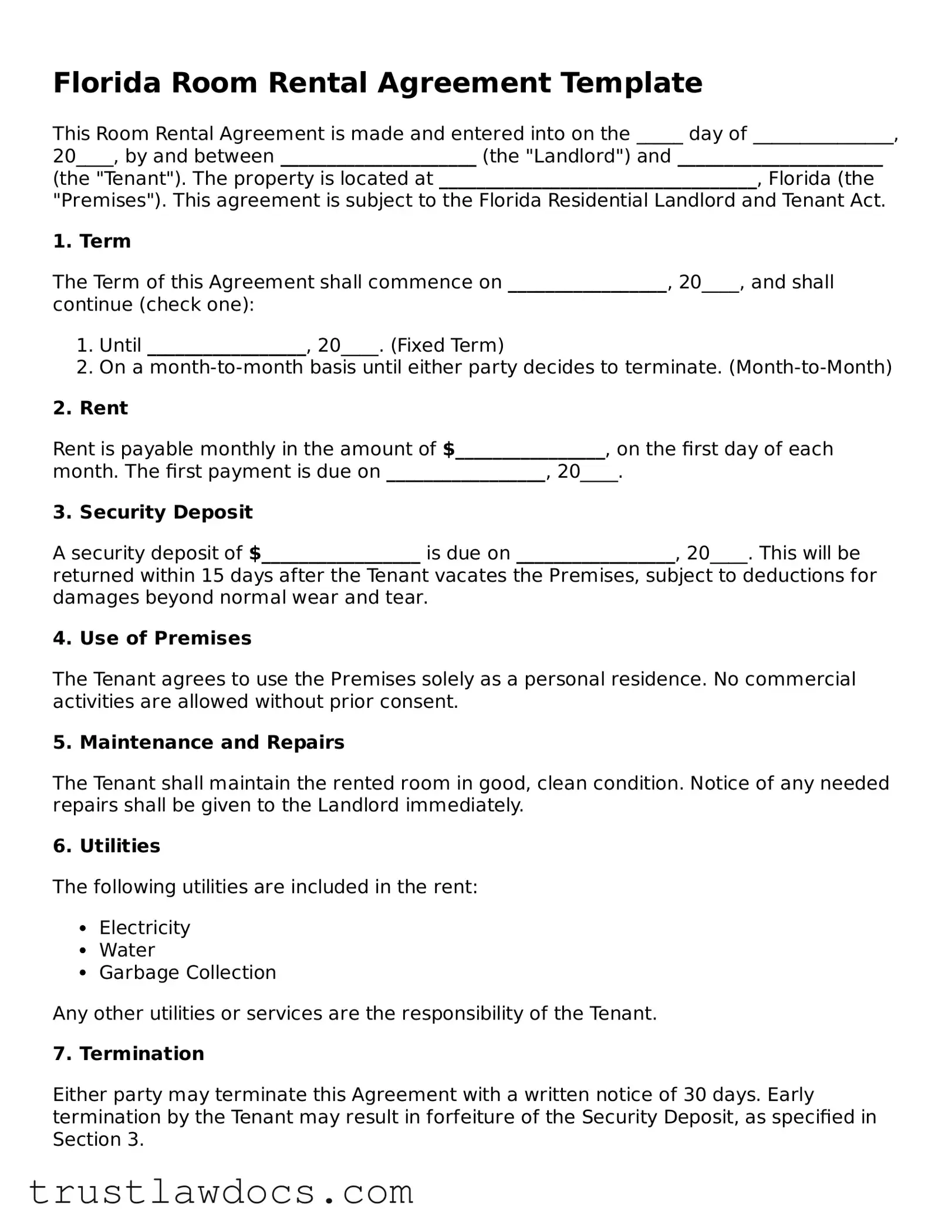 Free  Room Rental Agreement Form for Florida