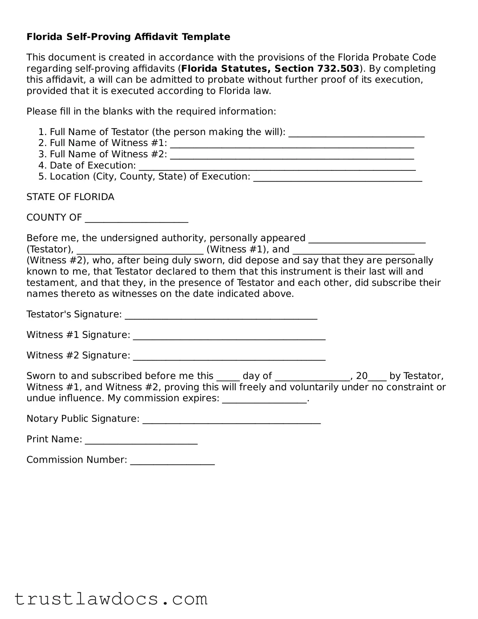 Free  Self-Proving Affidavit Form for Florida