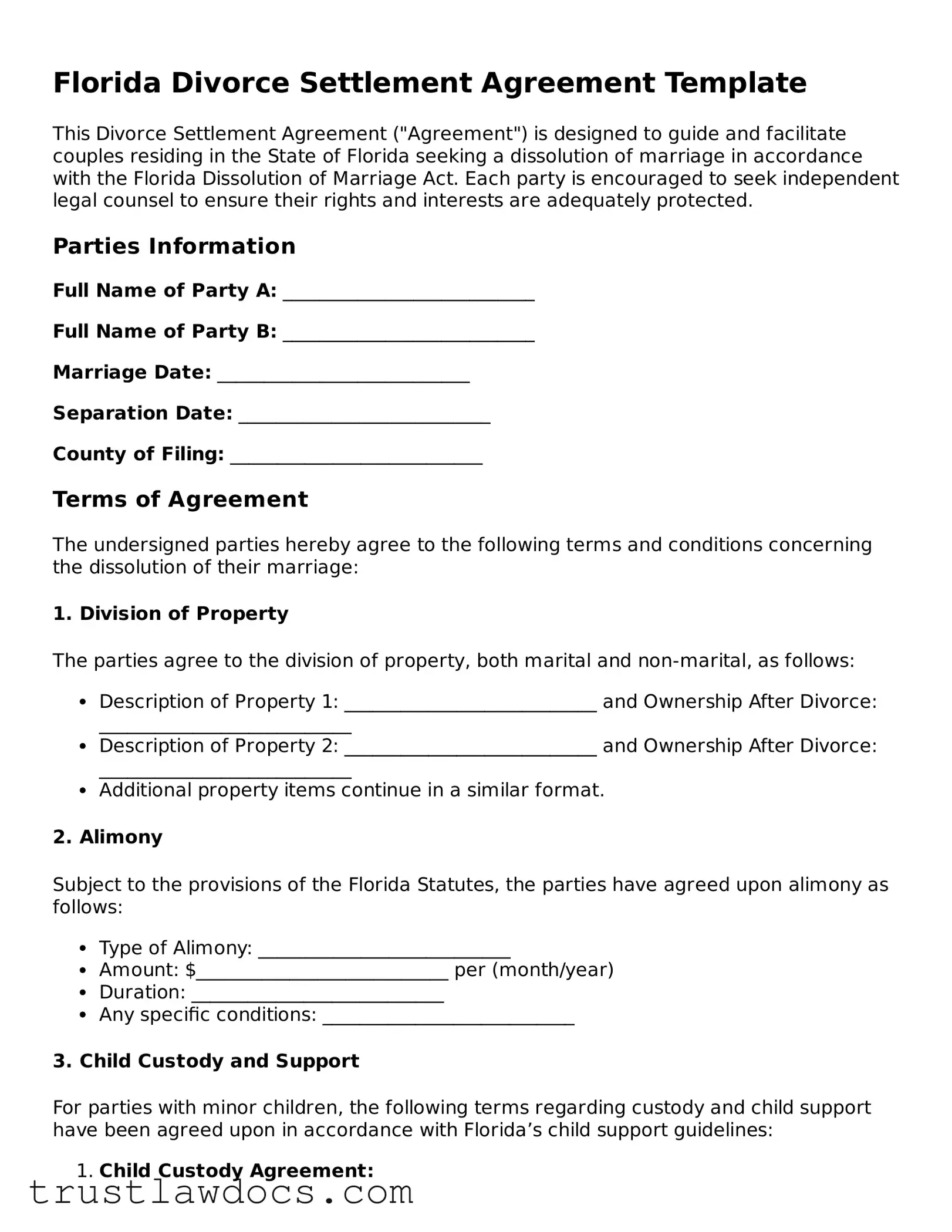 Free  Divorce Settlement Agreement Form for Florida