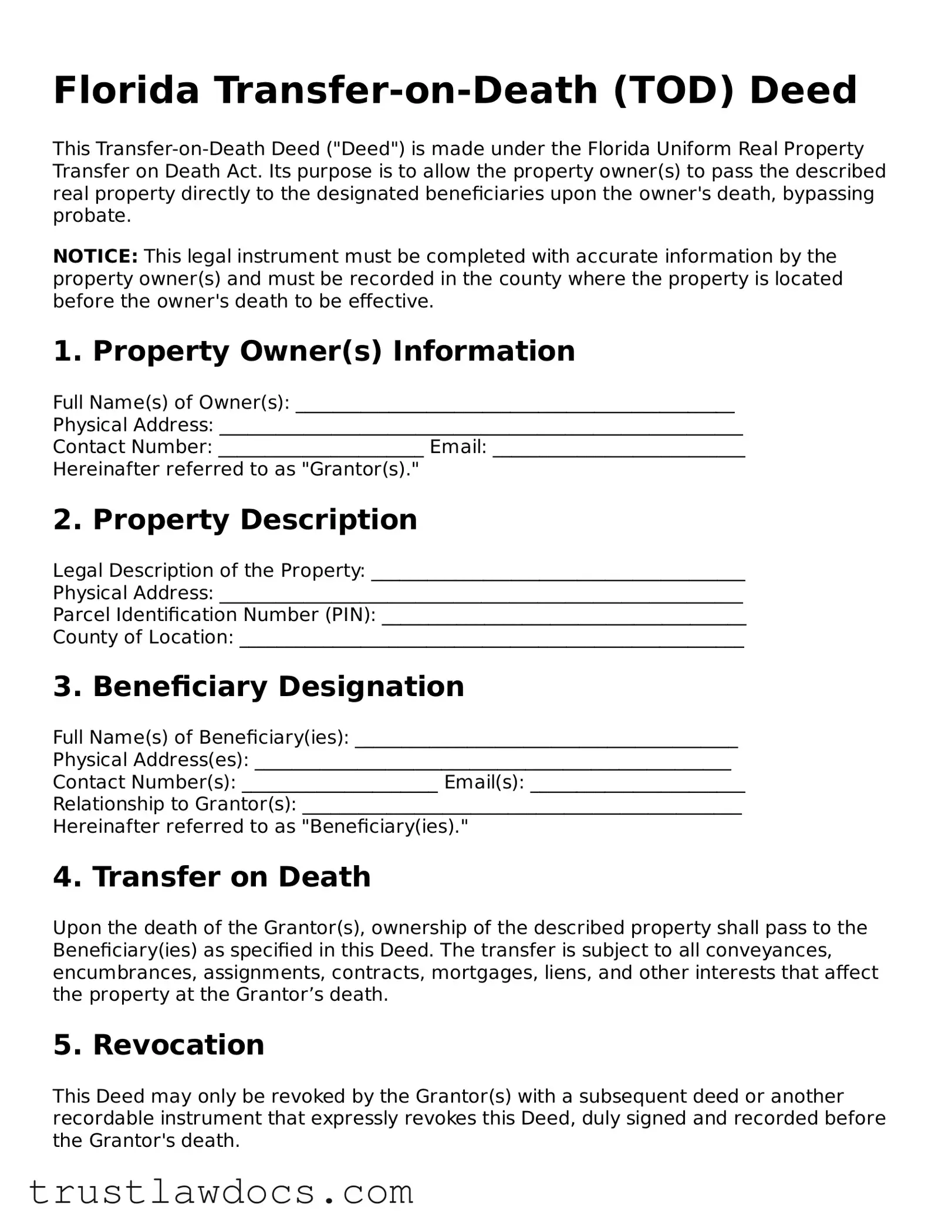 Free  Transfer-on-Death Deed Form for Florida