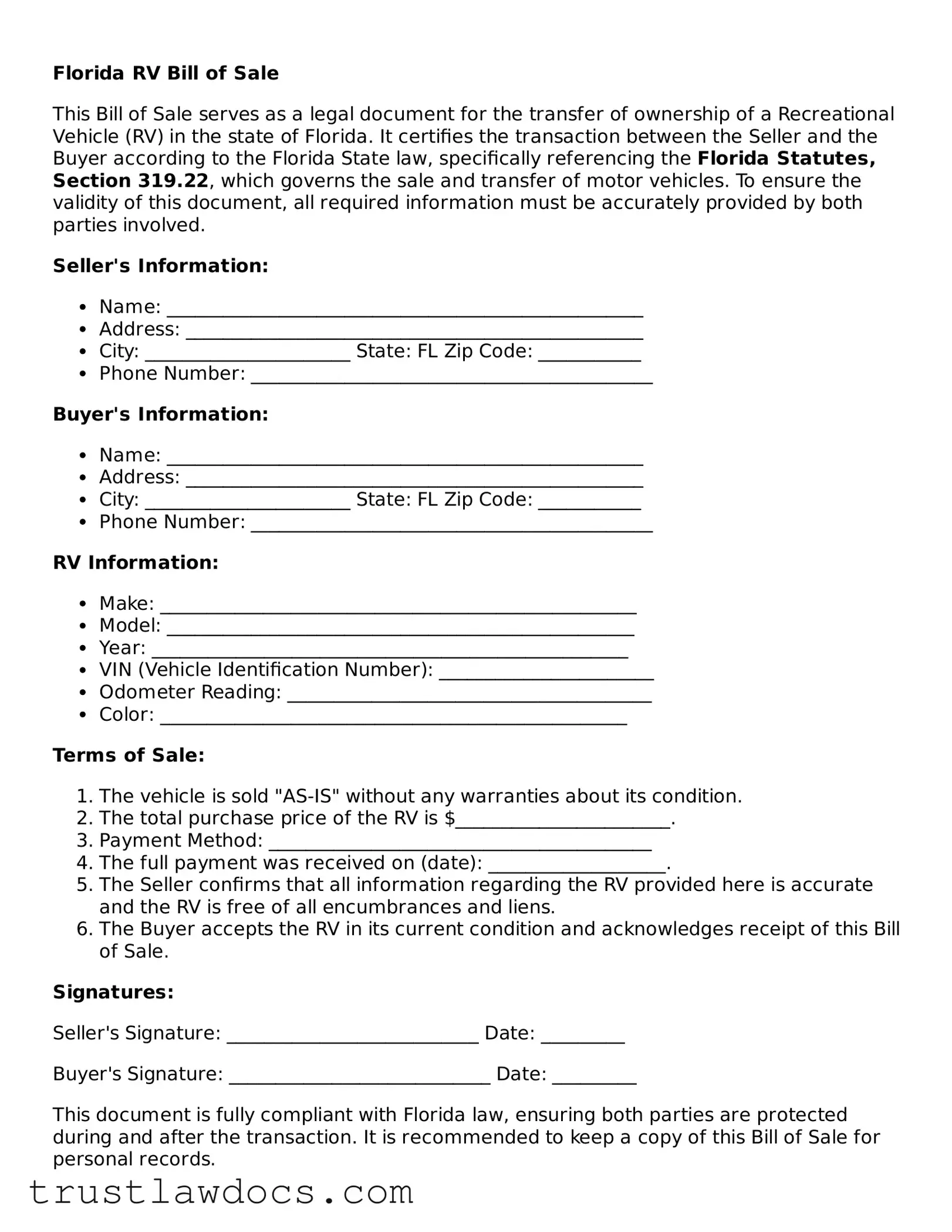 Free  RV Bill of Sale Form for Florida