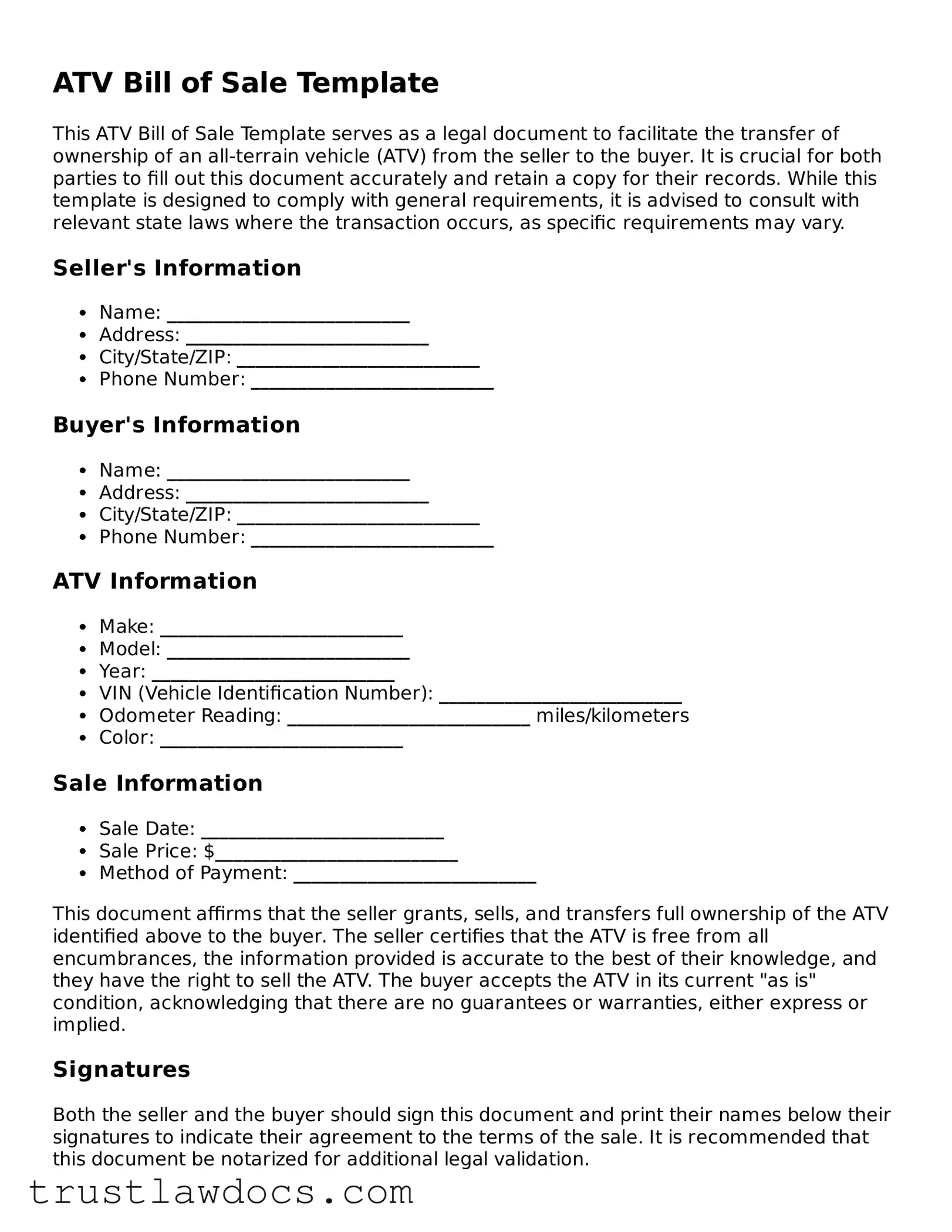 Official ATV Bill of Sale Document