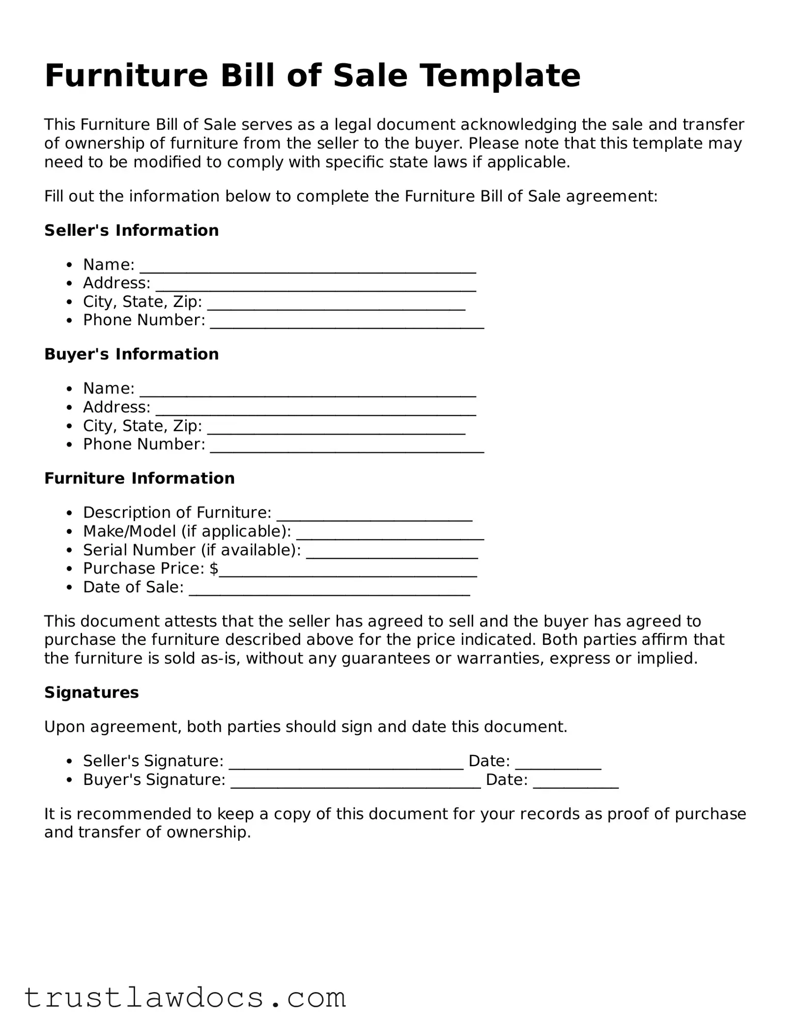 Official Furniture Bill of Sale Document
