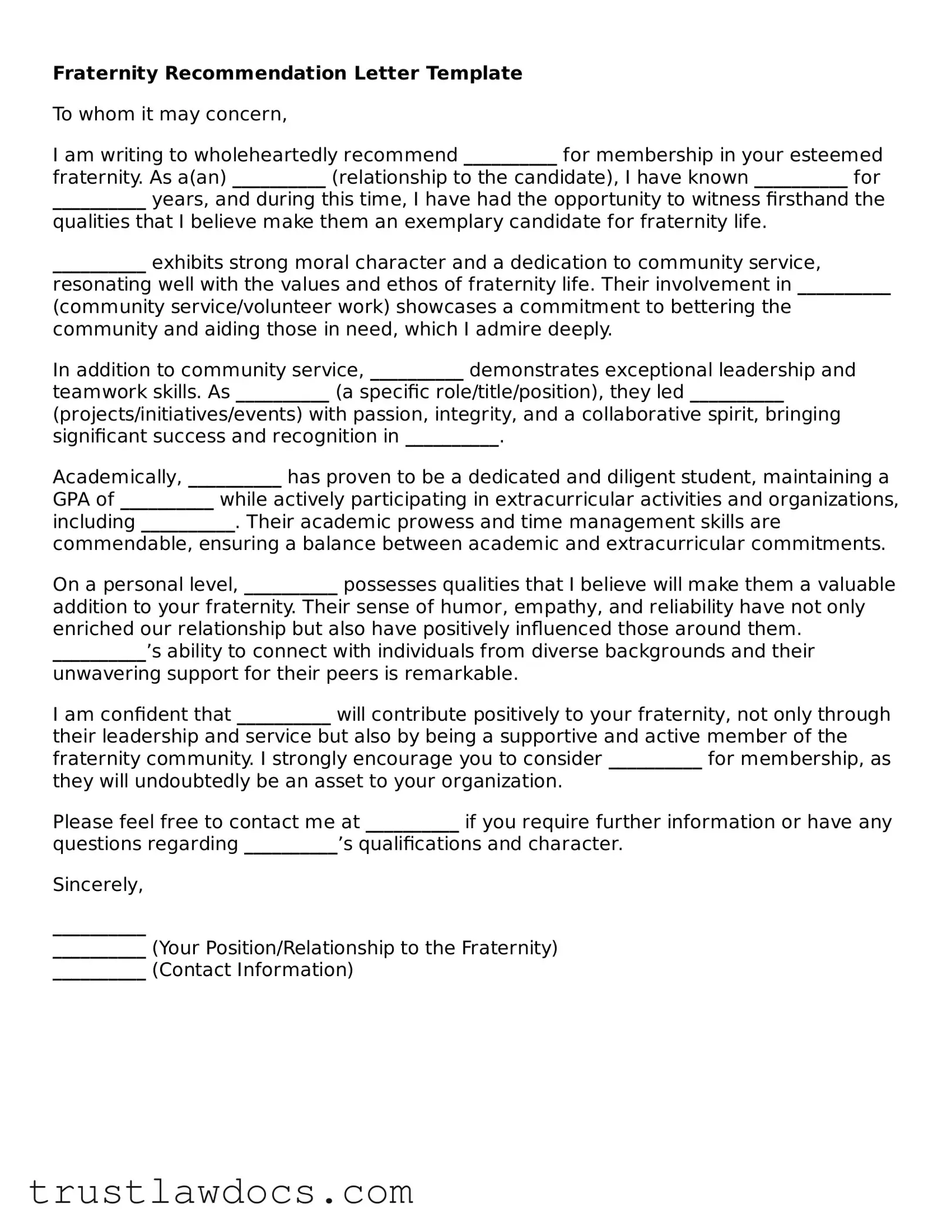 Official Fraternity Recommendation Letter Document