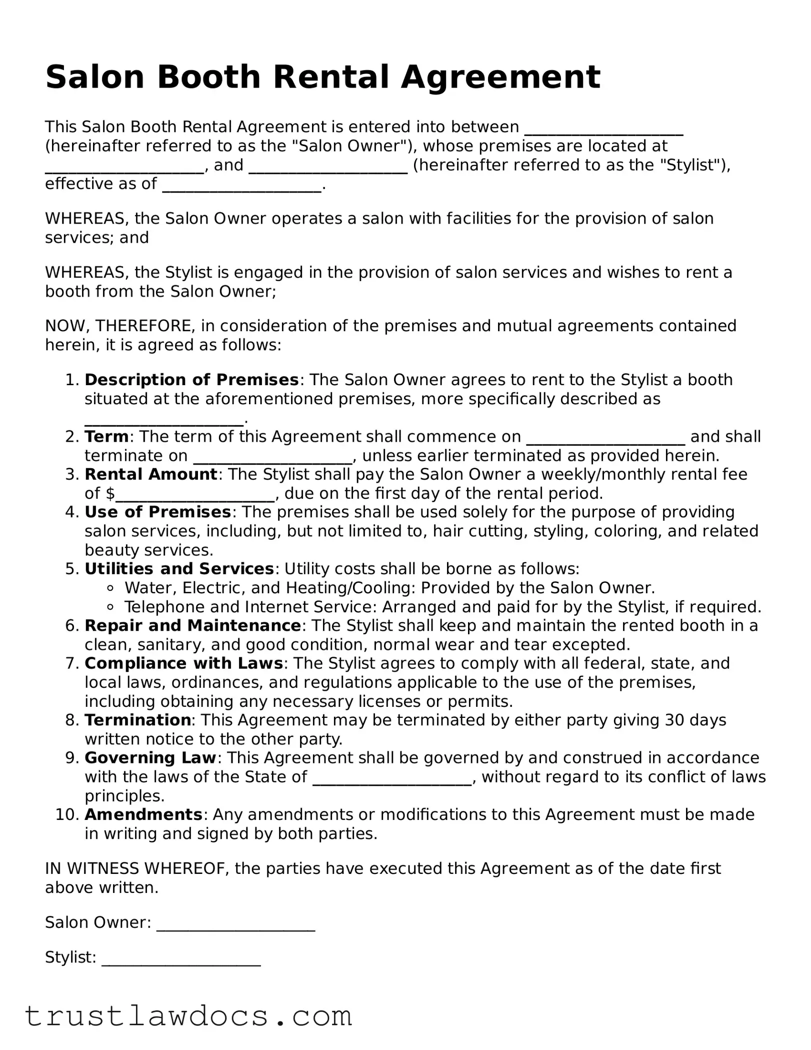 Official Salon Booth Rental Agreement Document