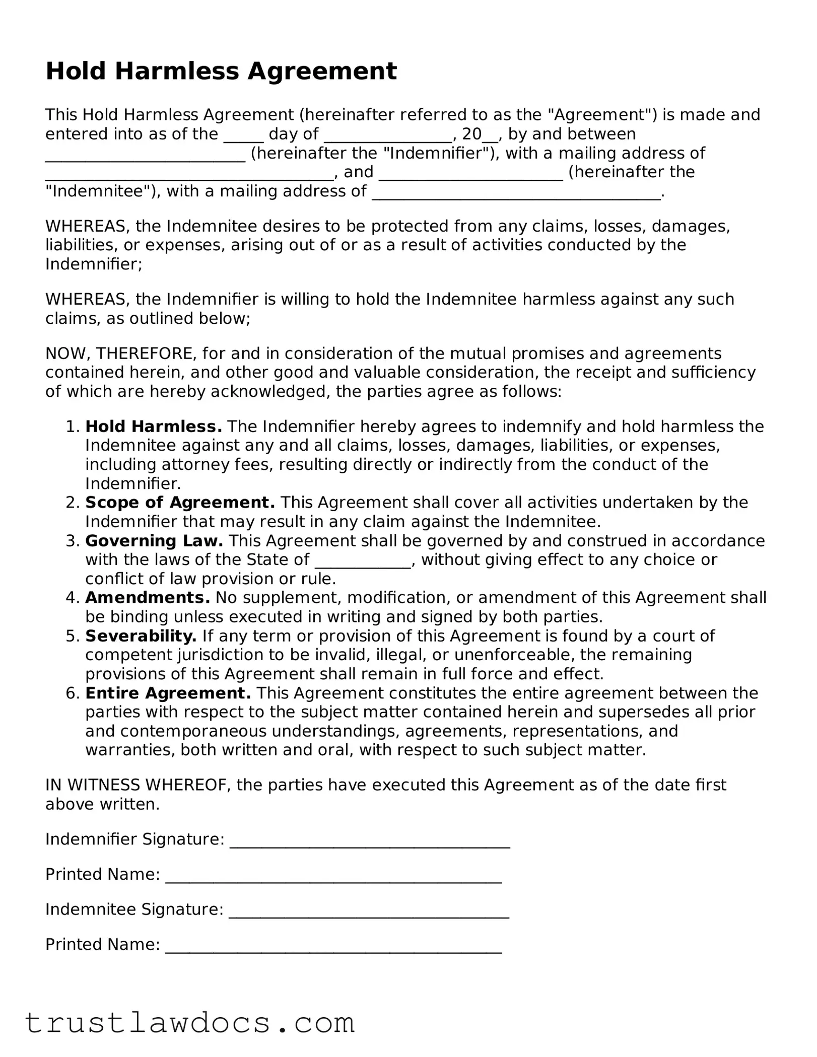 Official Hold Harmless Agreement Document