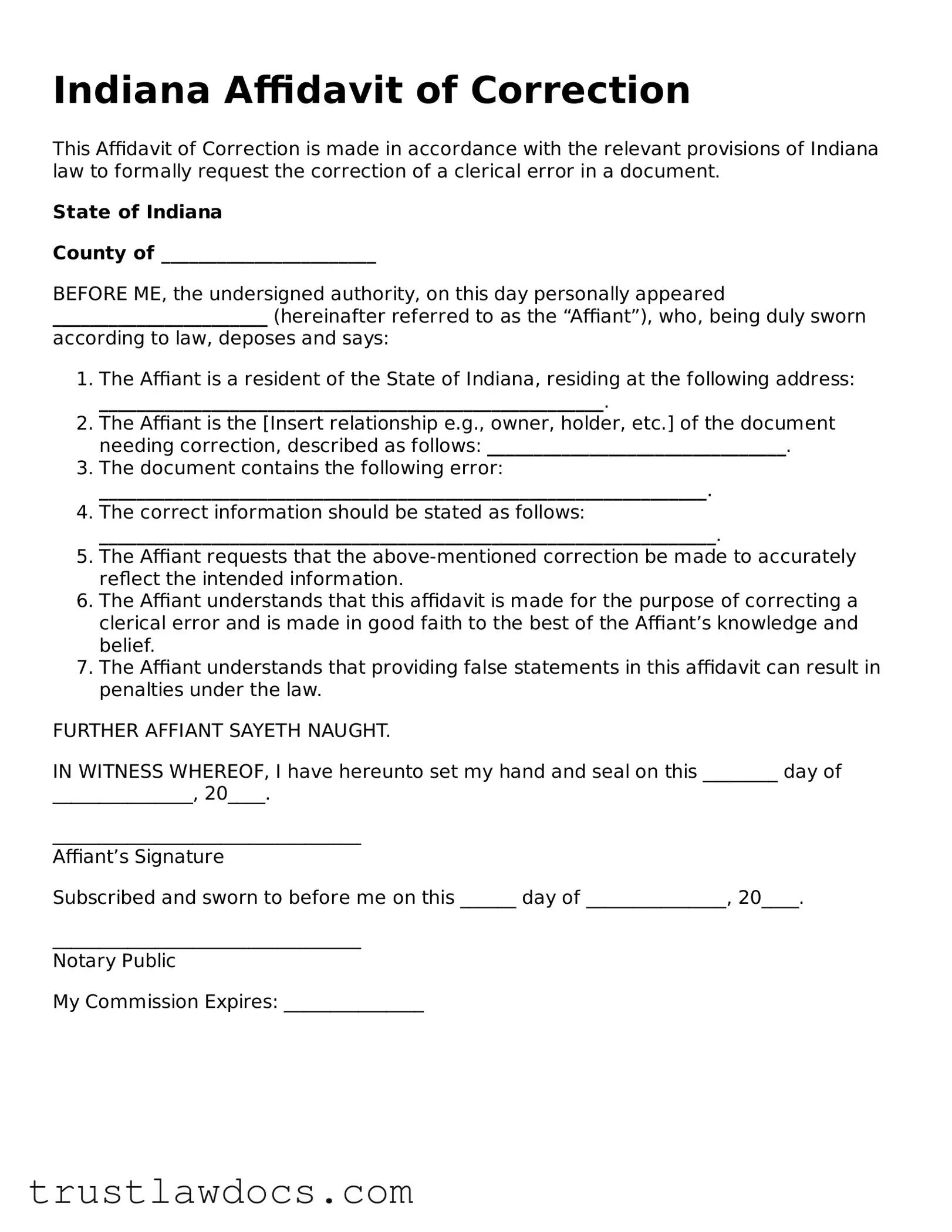 Free  Affidavit of Correction Form for Indiana
