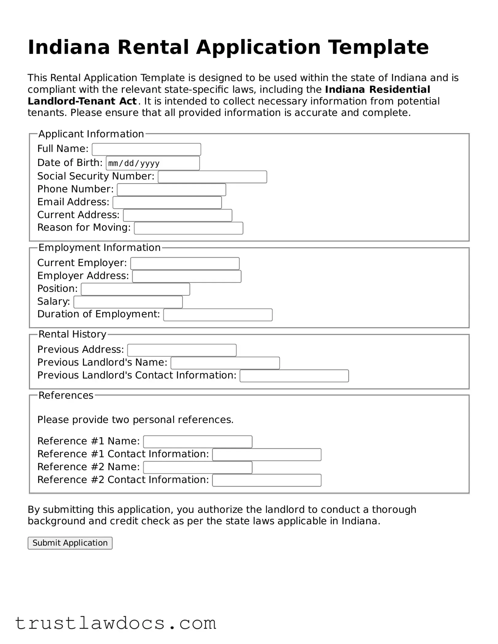 Free  Rental Application Form for Indiana