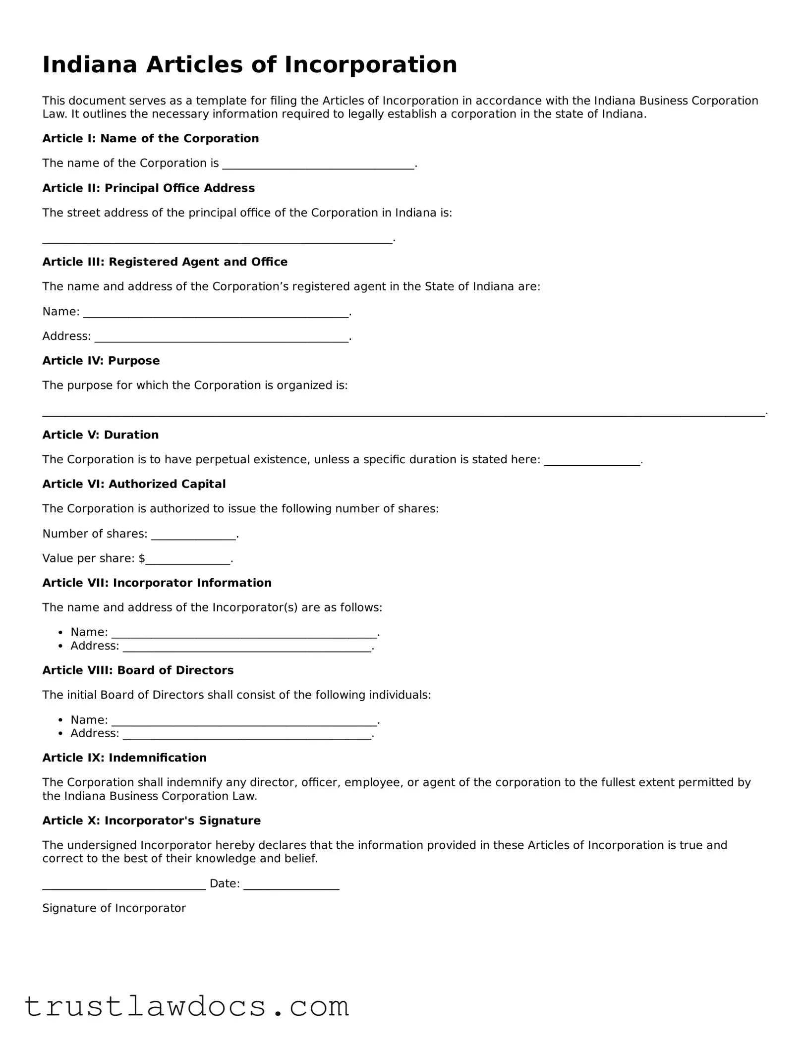 Free  Articles of Incorporation Form for Indiana