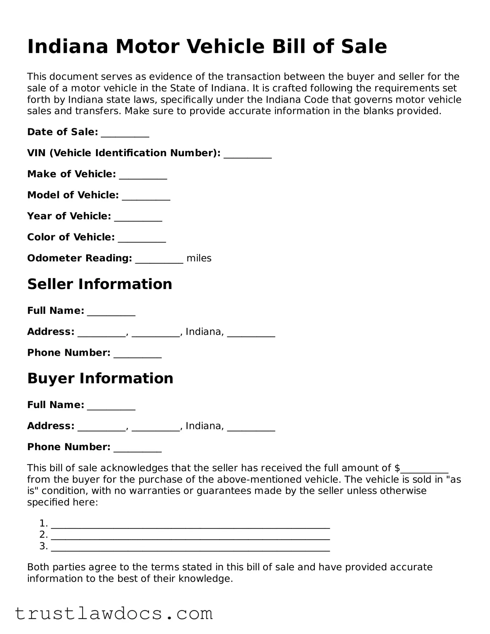 Free  Motor Vehicle Bill of Sale Form for Indiana