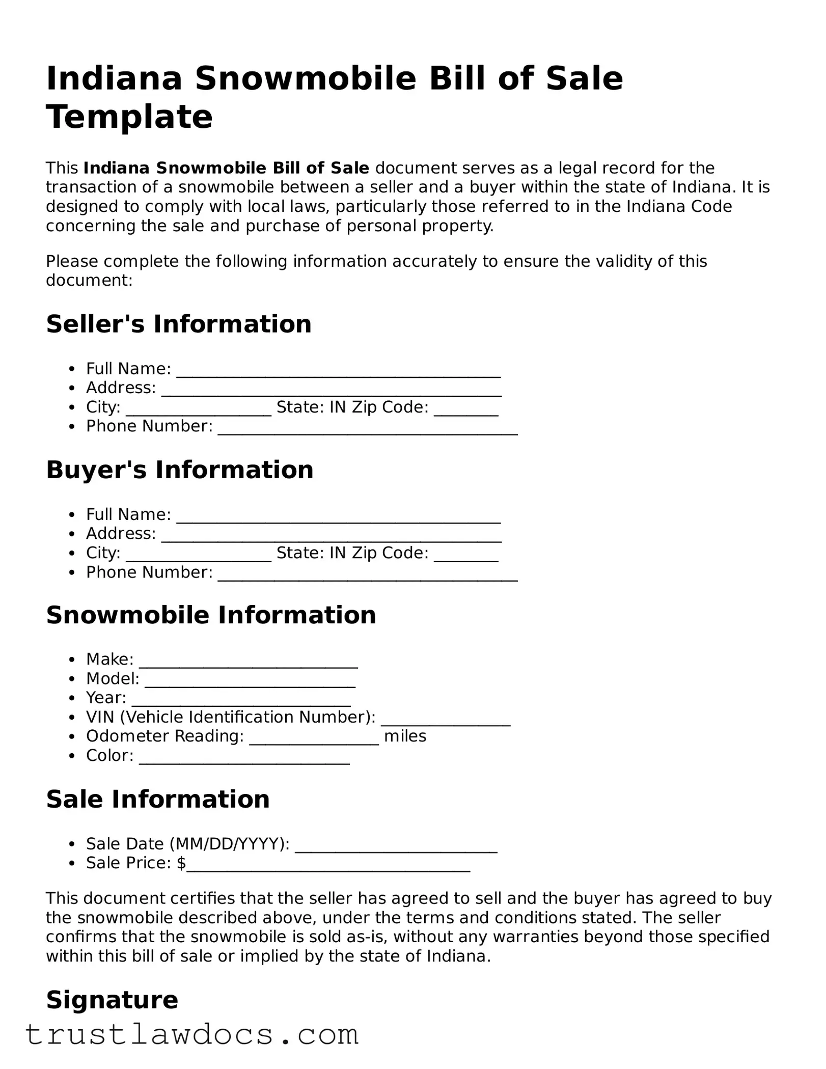 Free  Snowmobile Bill of Sale Form for Indiana