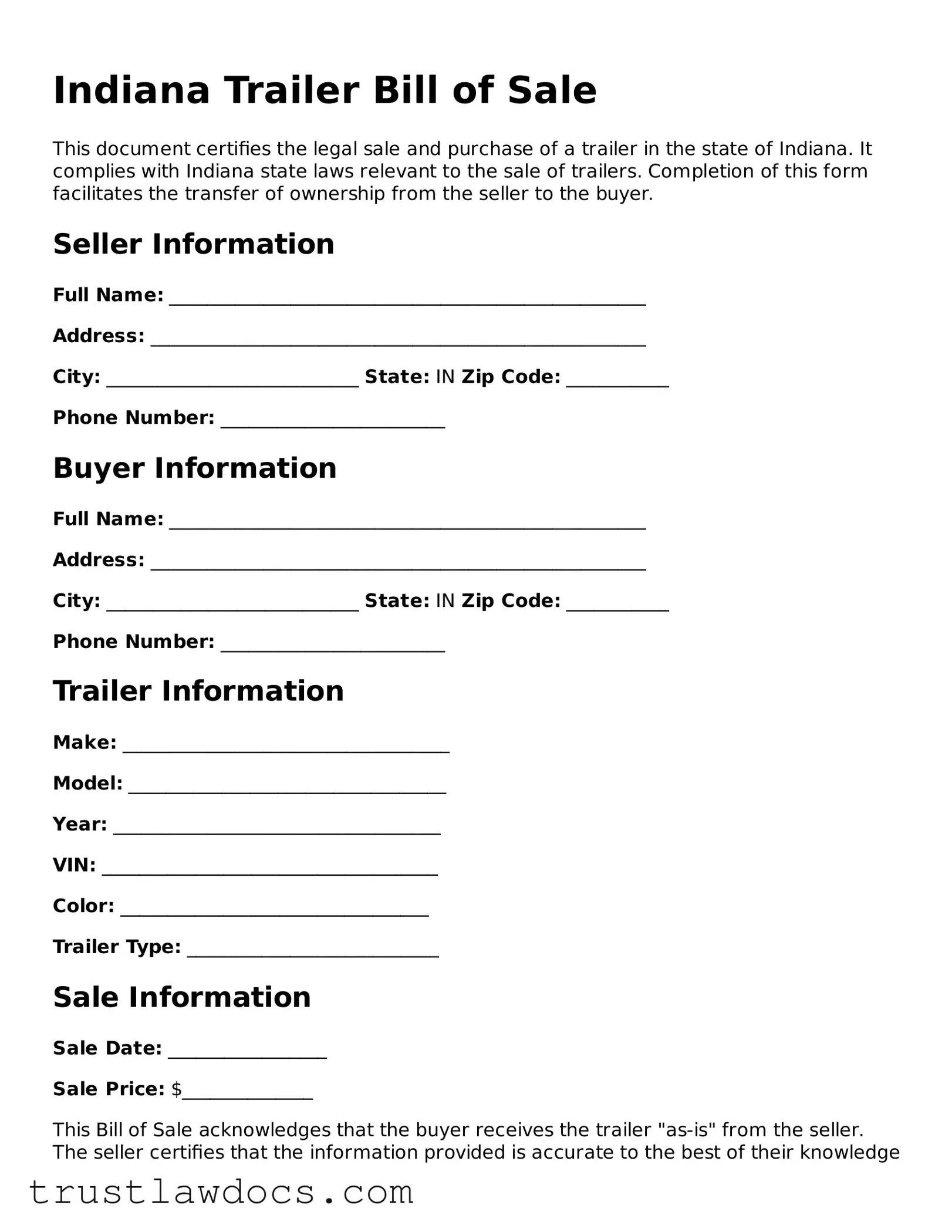 Free  Trailer Bill of Sale Form for Indiana