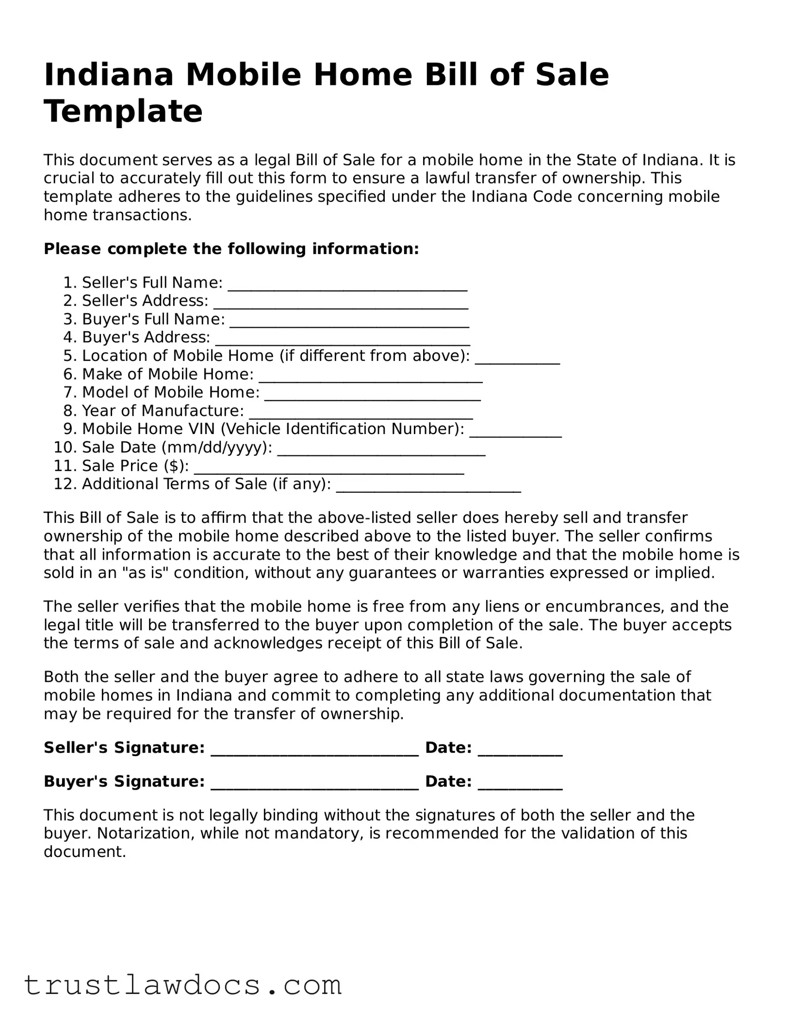 Free  Mobile Home Bill of Sale Form for Indiana