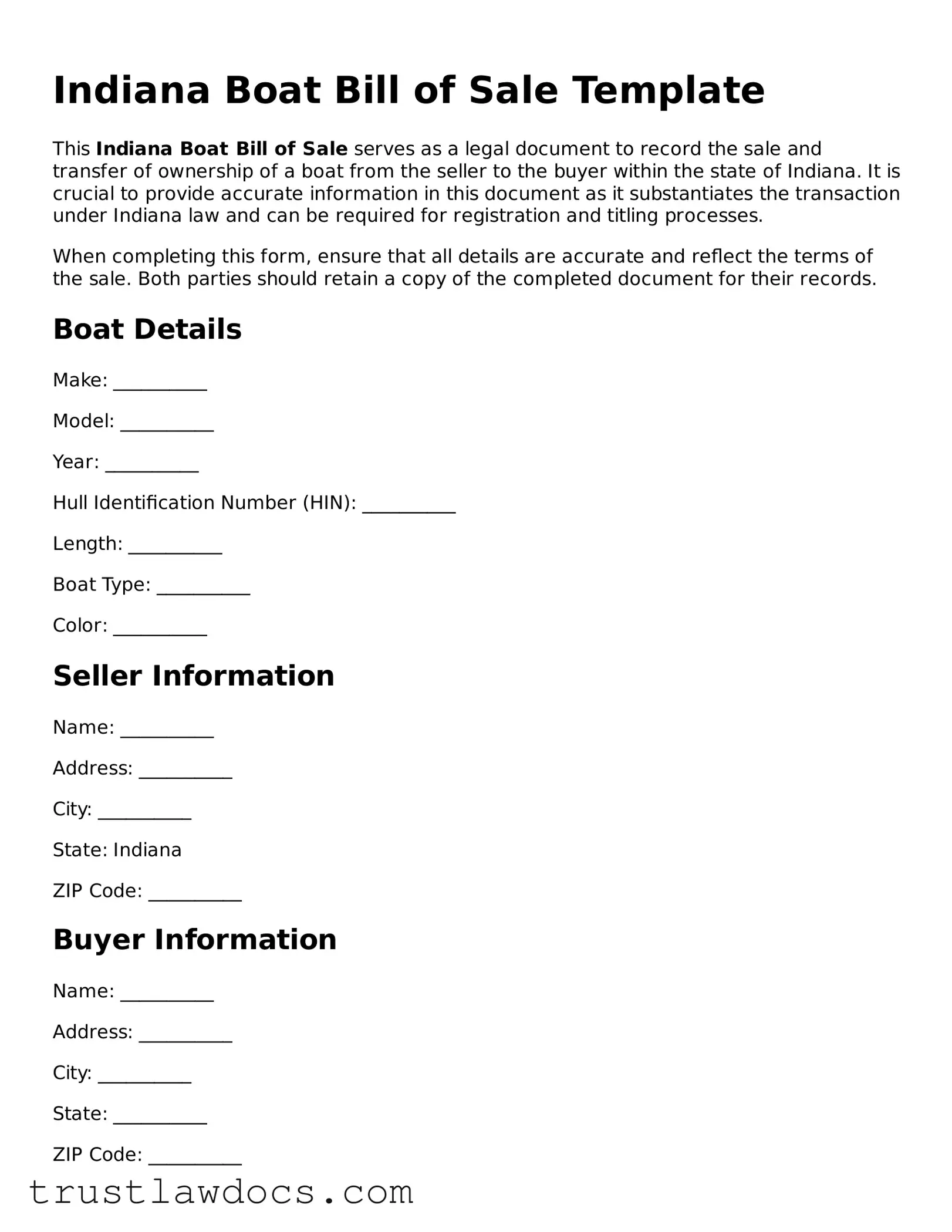 Free  Boat Bill of Sale Form for Indiana