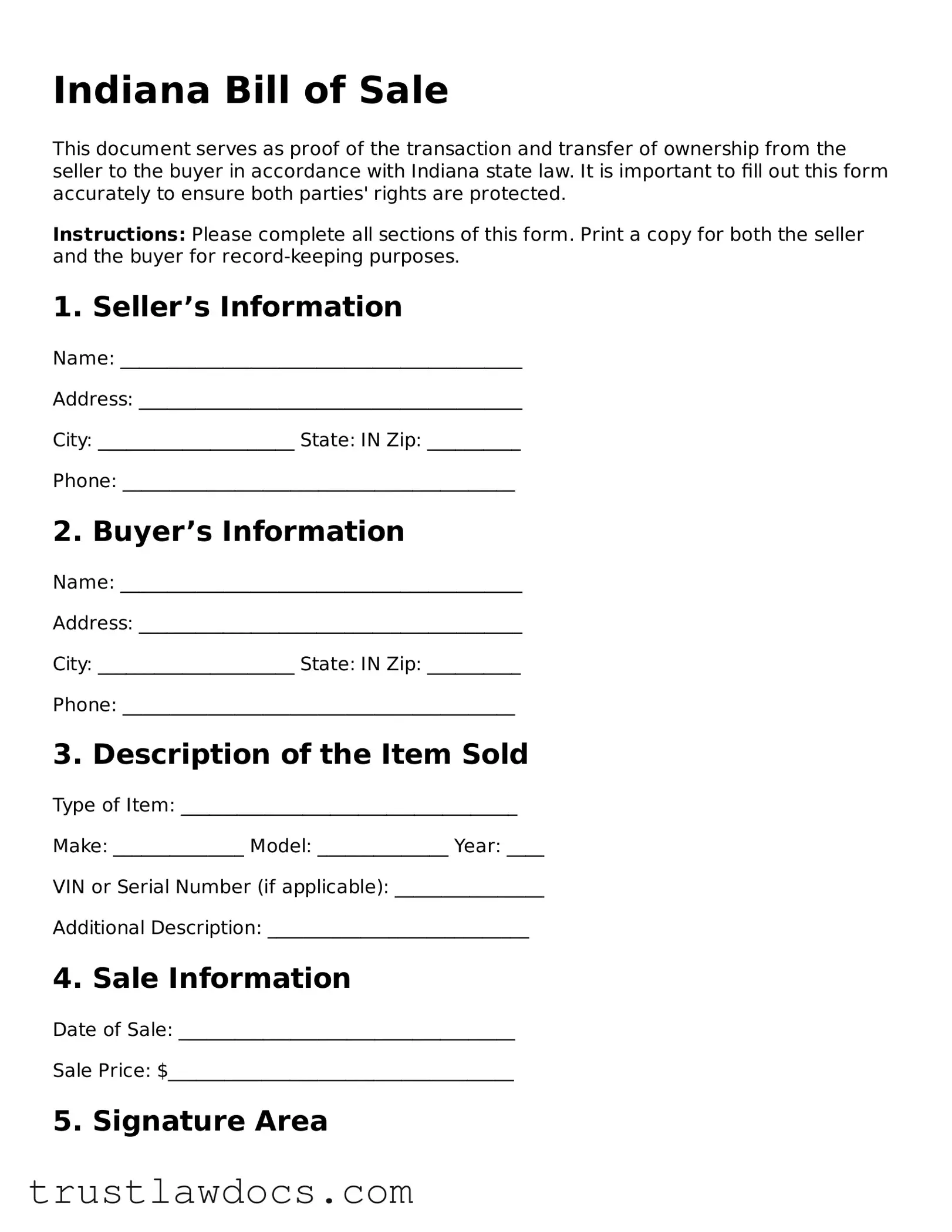 Free  Bill of Sale Form for Indiana