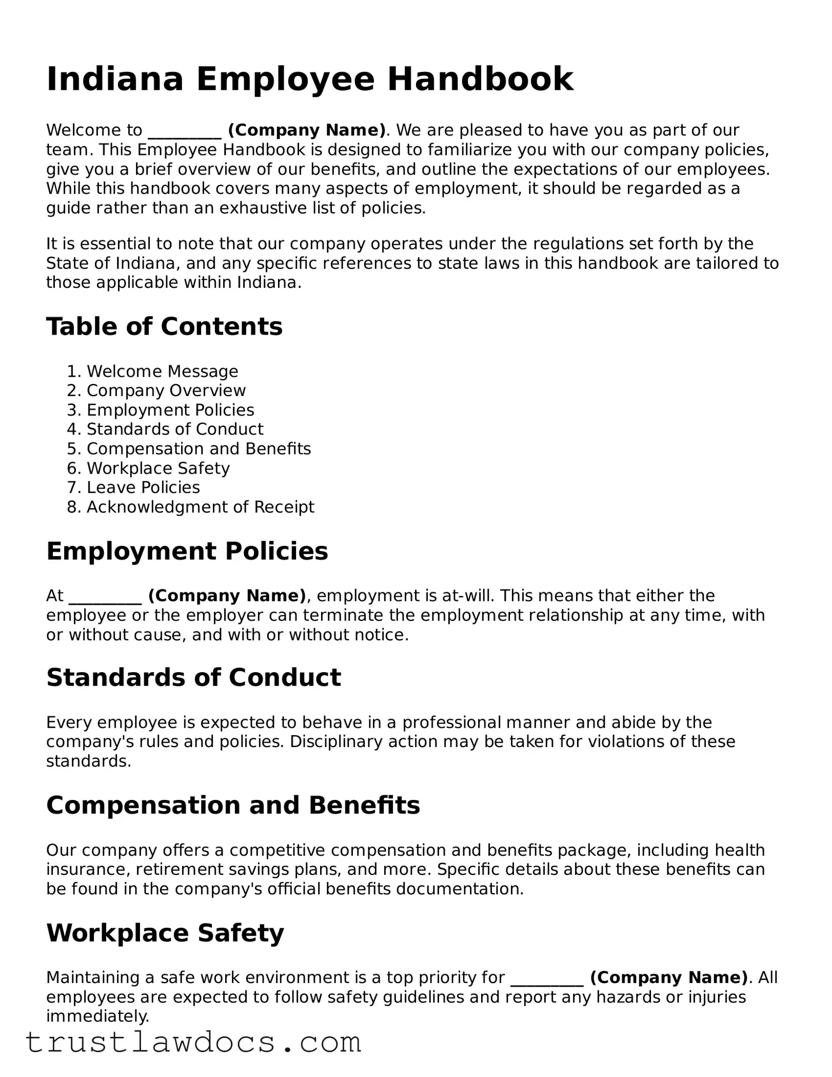 Free  Employee Handbook Form for Indiana
