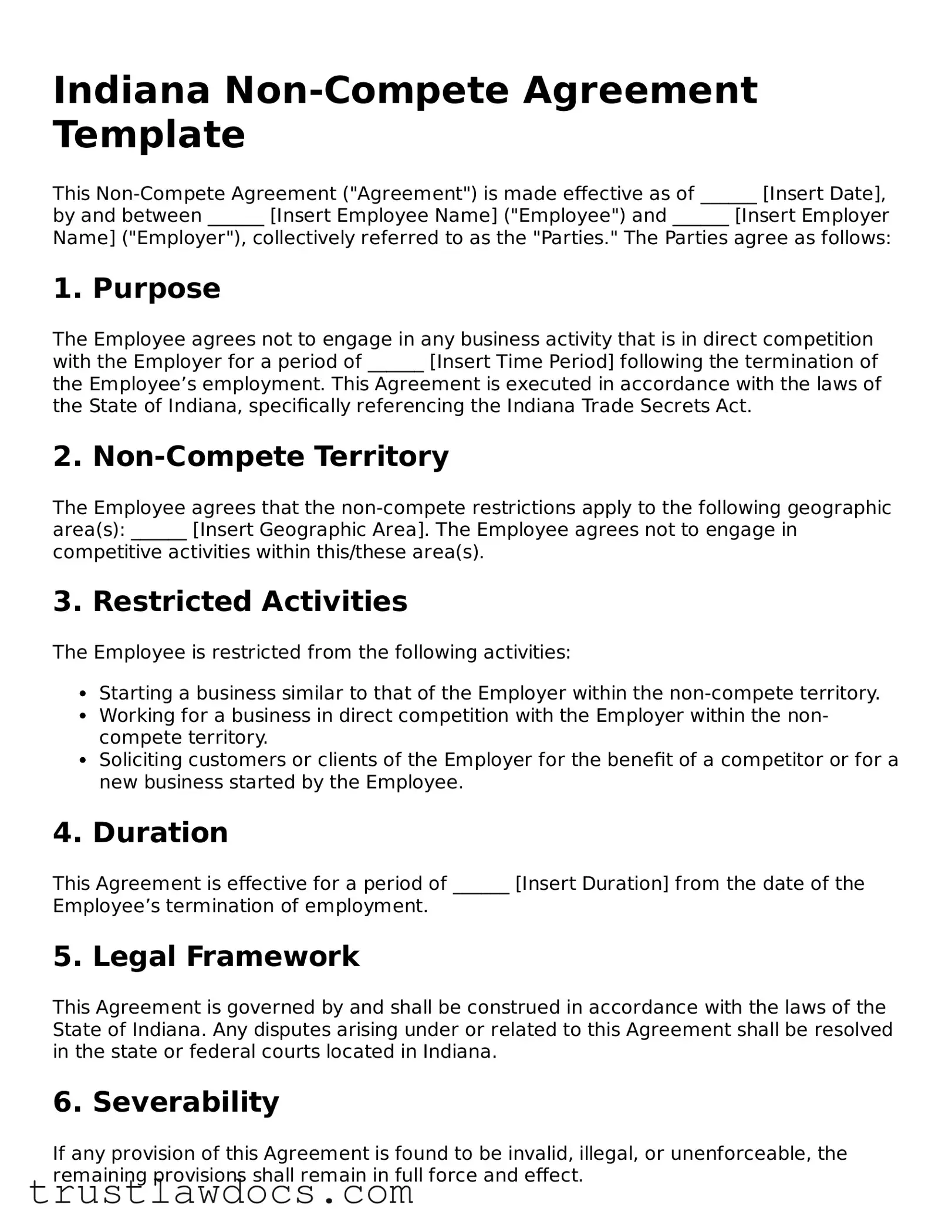 Free  Non-compete Agreement Form for Indiana