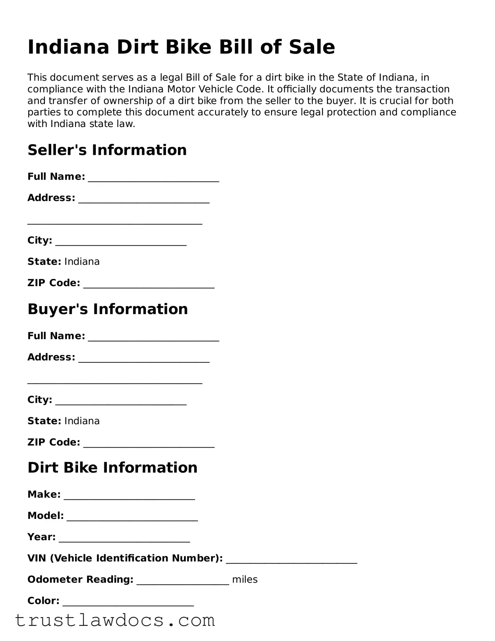 Free  Dirt Bike Bill of Sale Form for Indiana