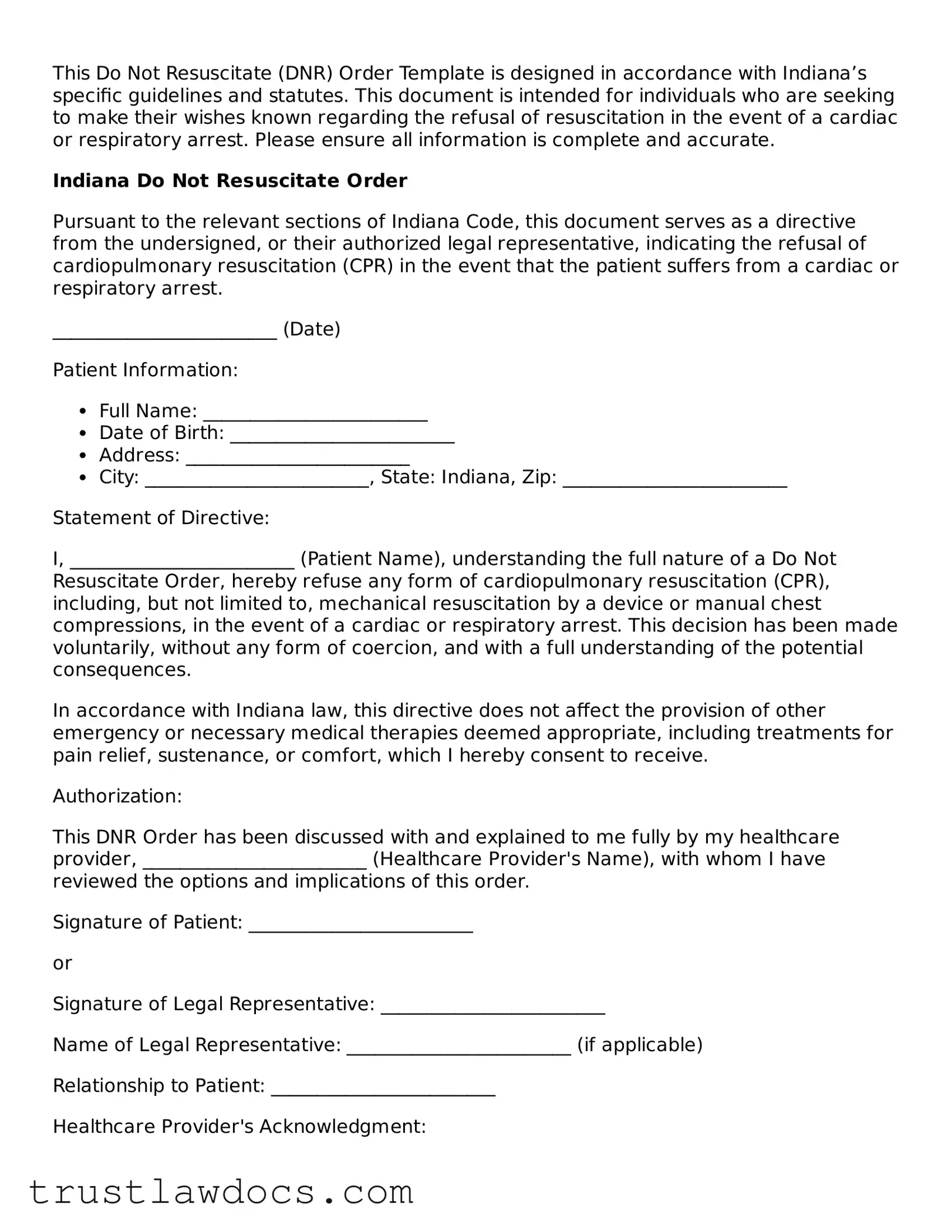 Free  Do Not Resuscitate Order Form for Indiana