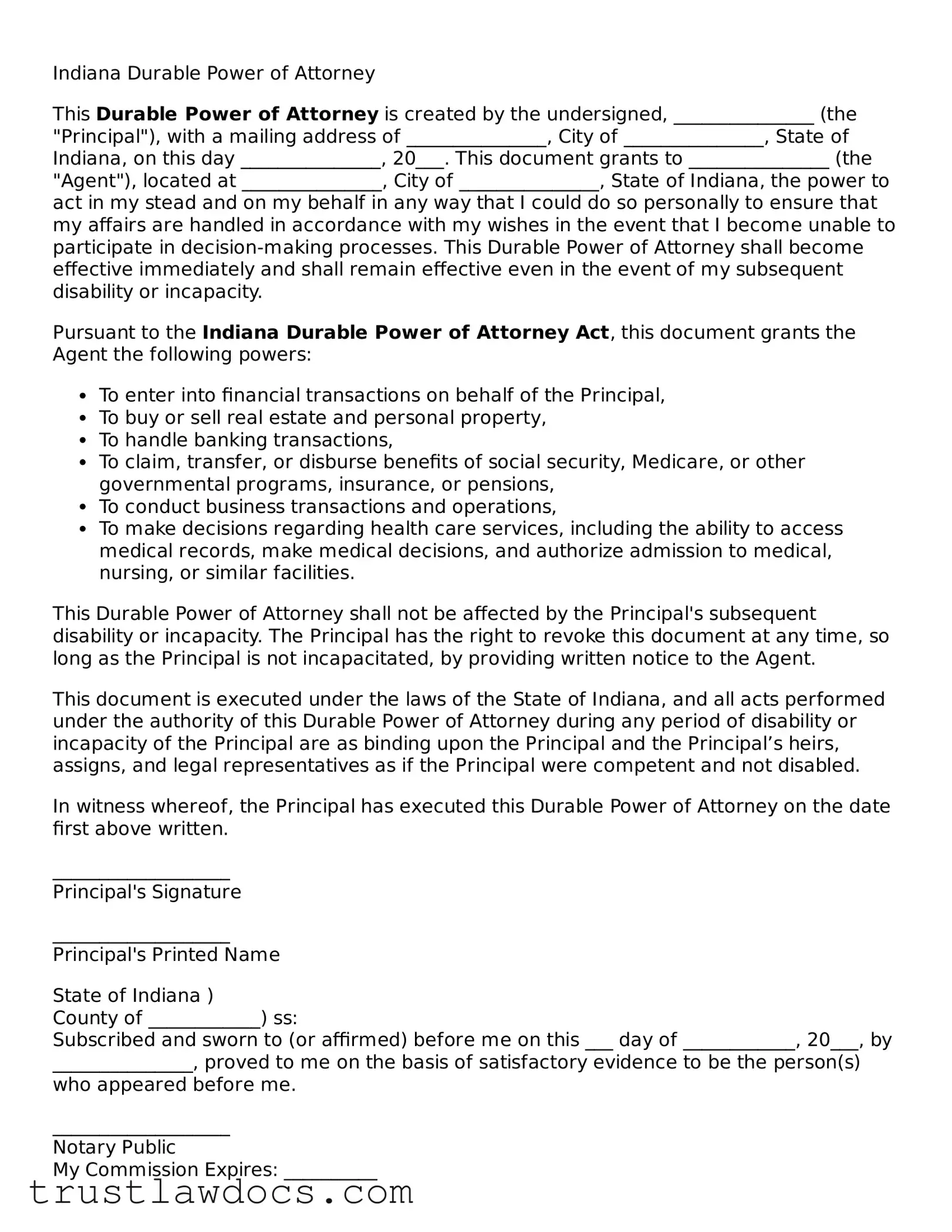 Free  Durable Power of Attorney Form for Indiana