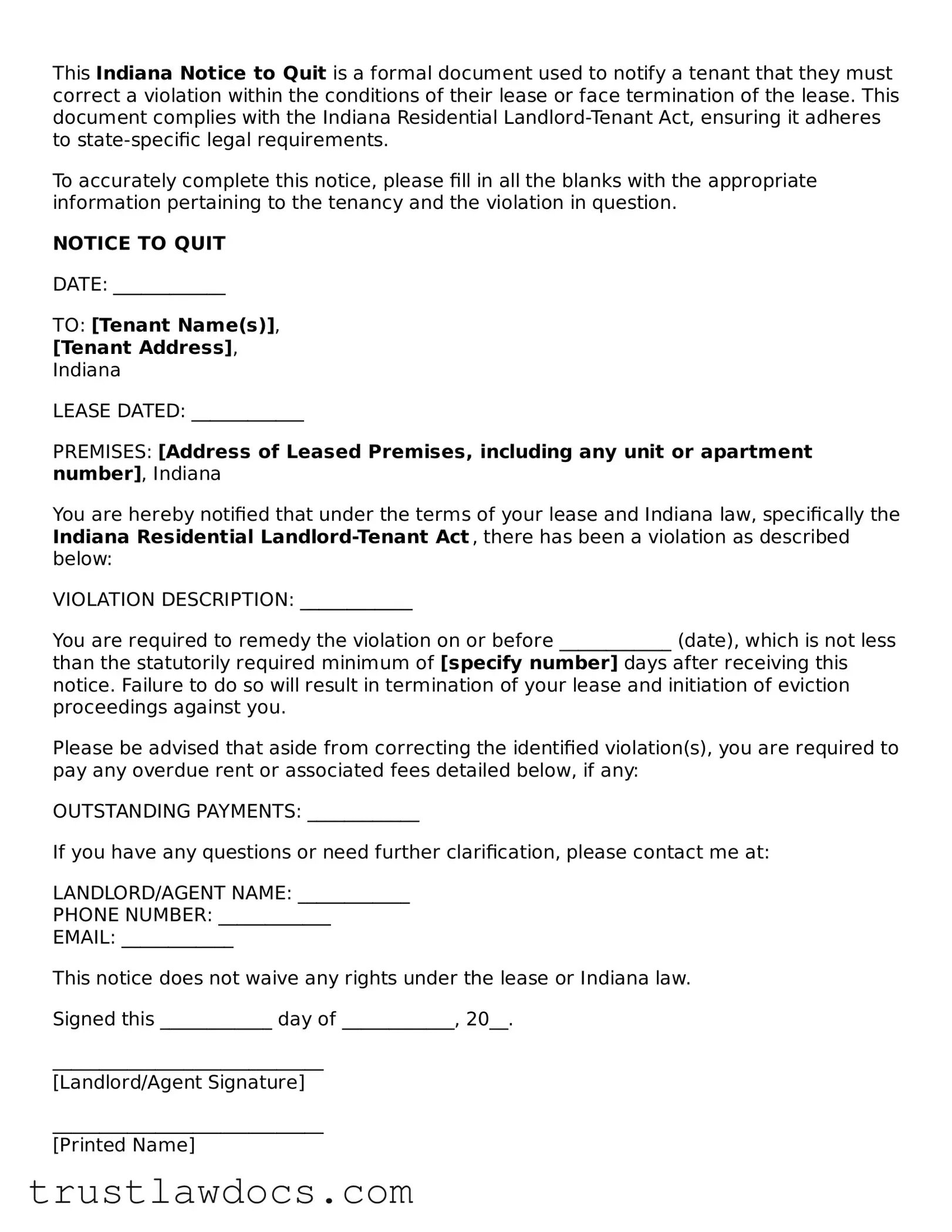 Free  Notice to Quit Form for Indiana