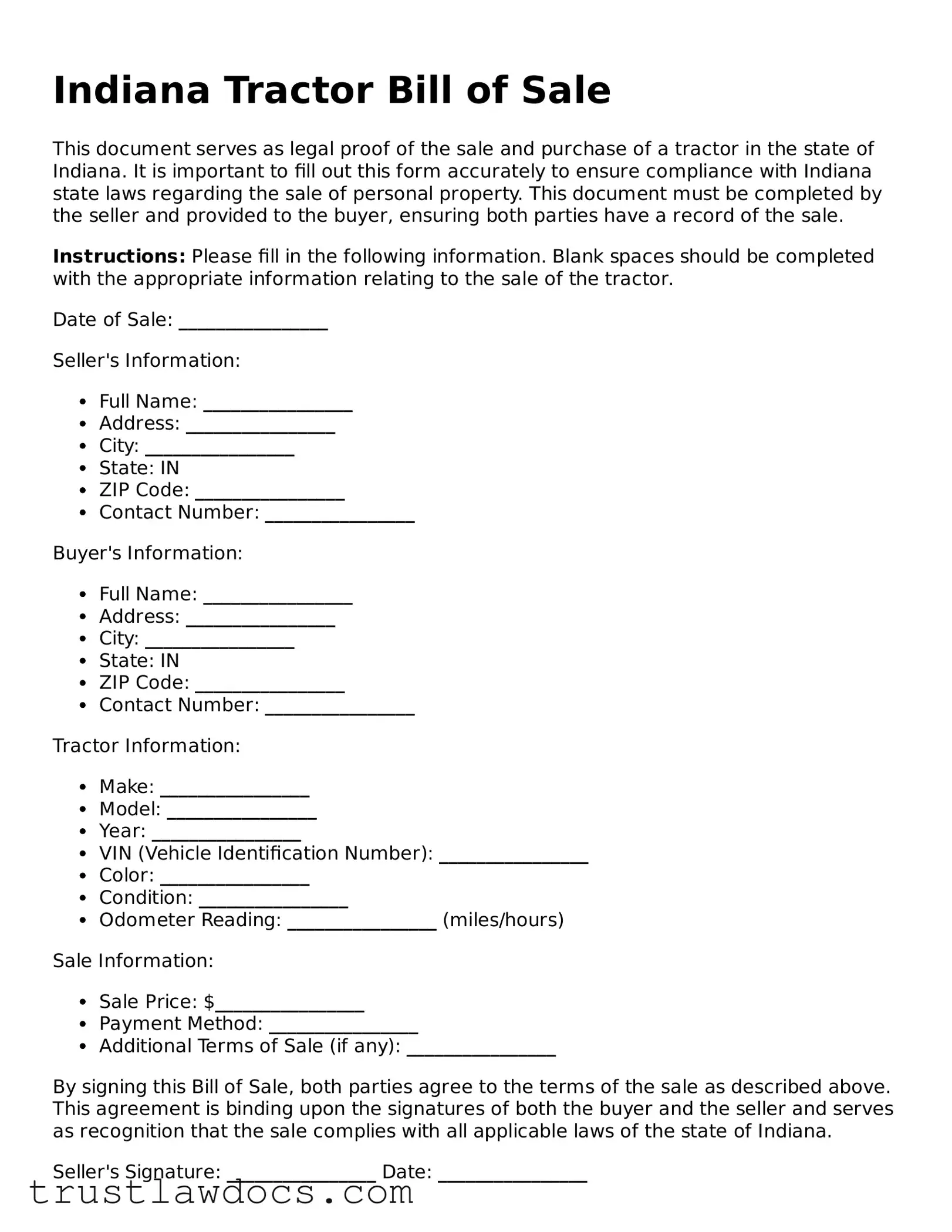 Free  Tractor Bill of Sale Form for Indiana