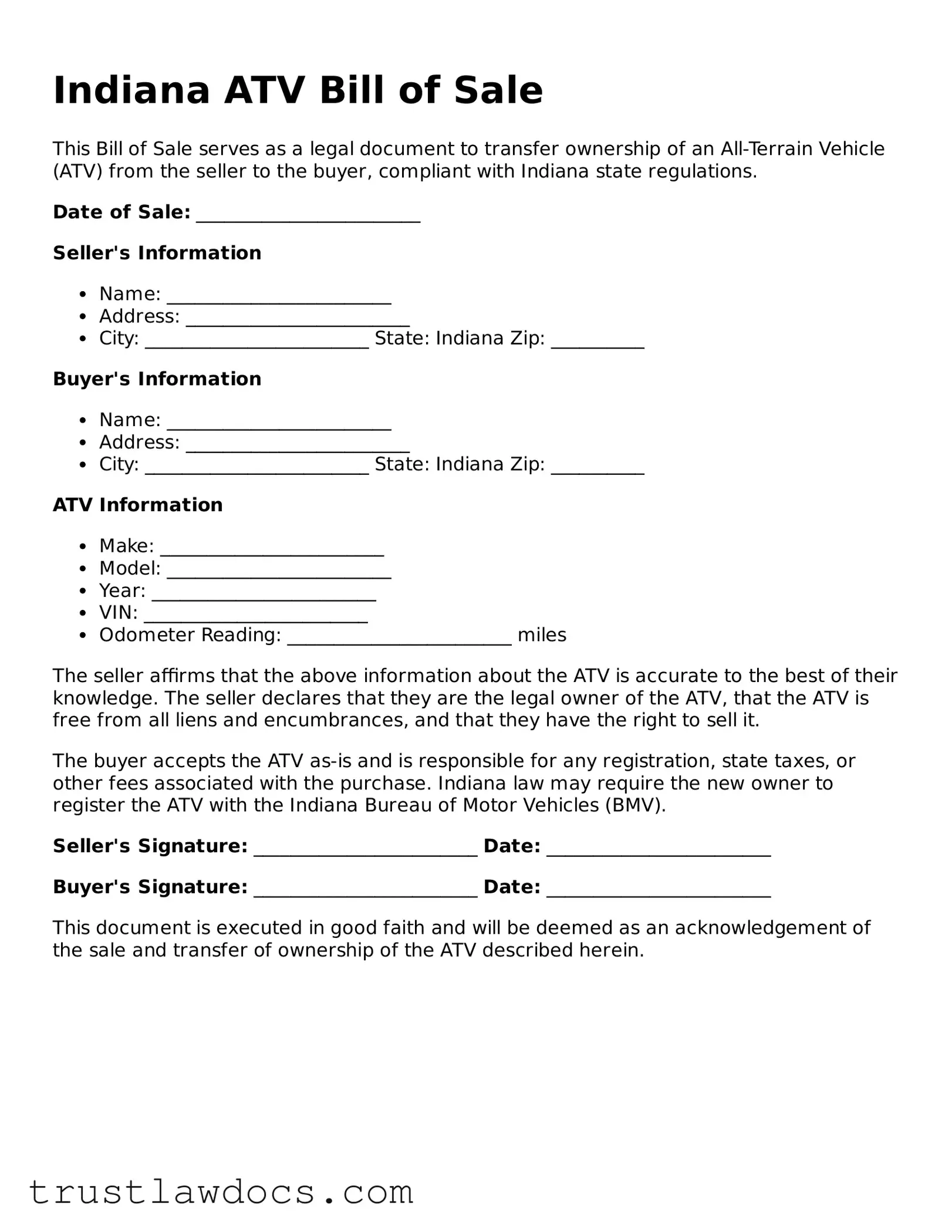 Free  ATV Bill of Sale Form for Indiana