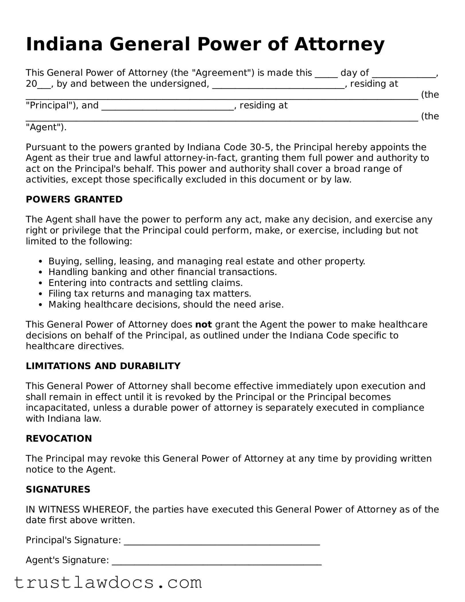 Free  General Power of Attorney Form for Indiana