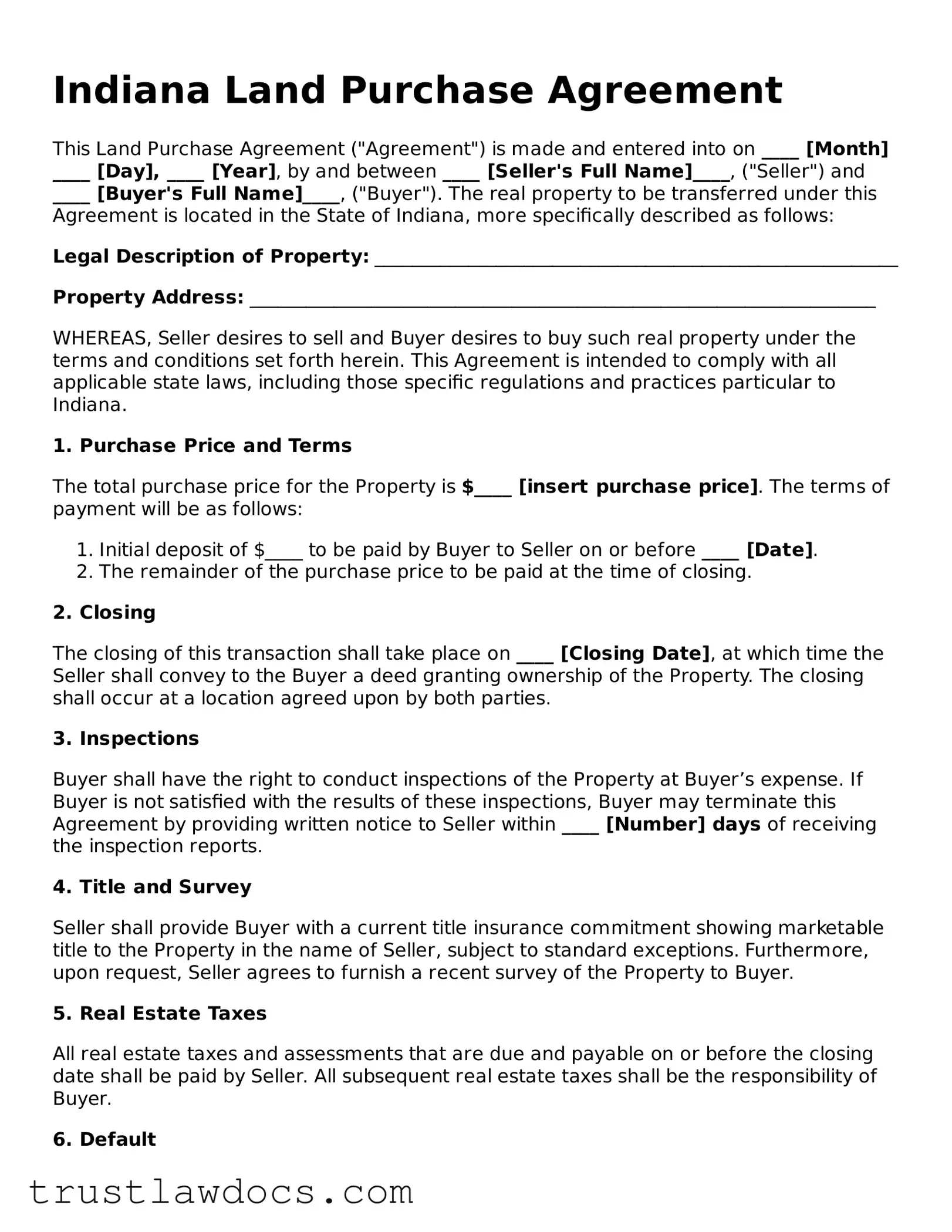Free  Land Purchase Agreement Form for Indiana