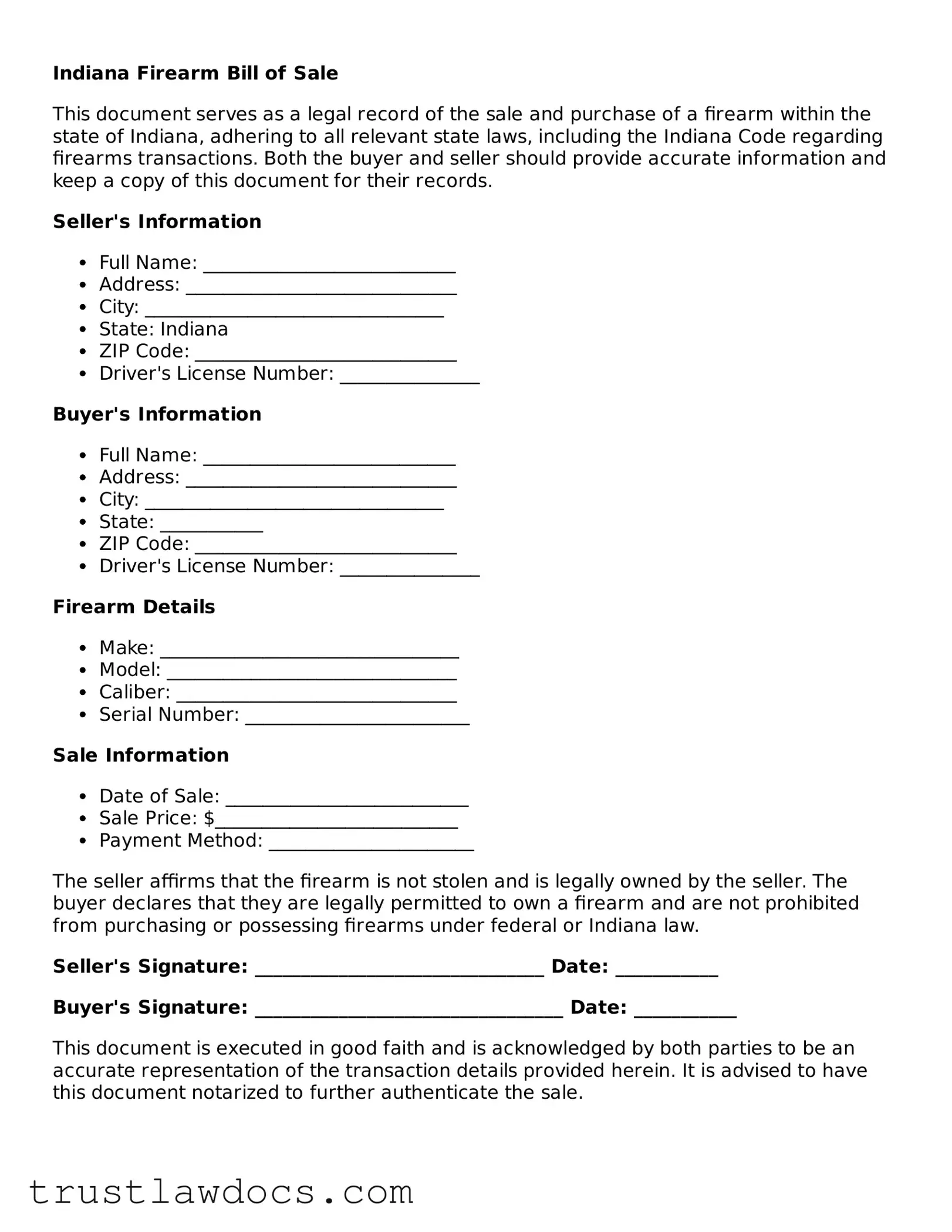 Free  Firearm Bill of Sale Form for Indiana