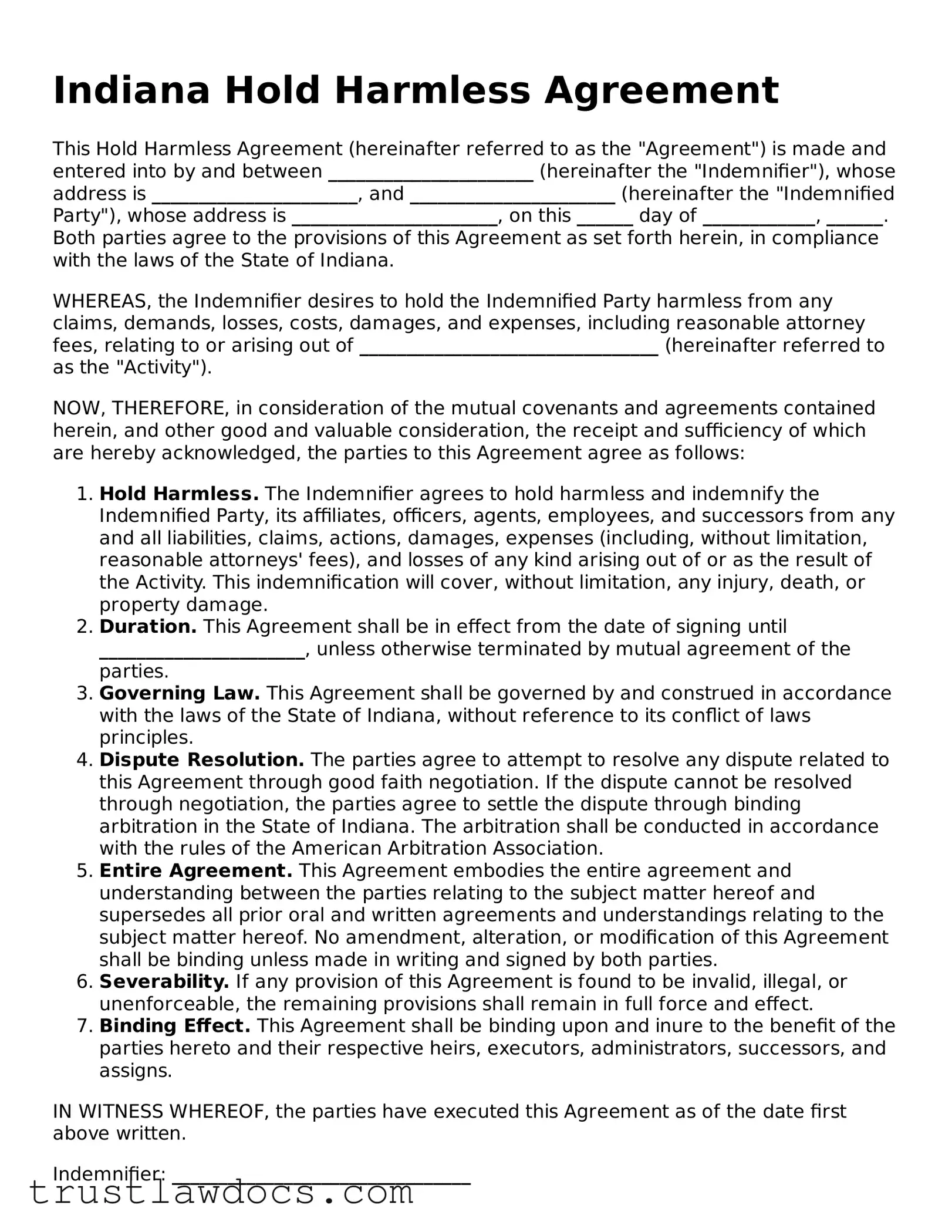 Free  Hold Harmless Agreement Form for Indiana