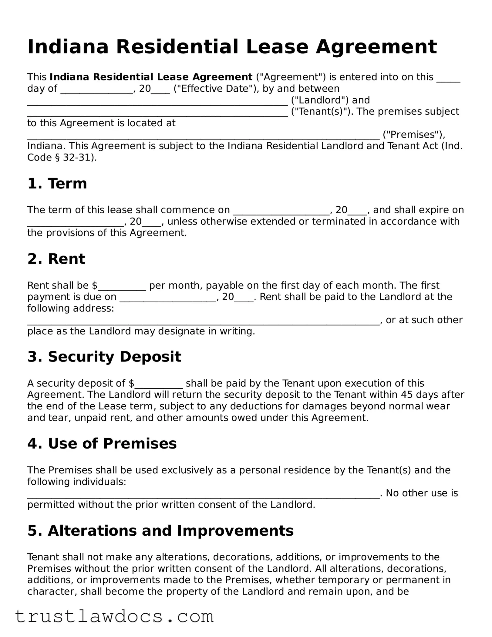Free  Residential Lease Agreement Form for Indiana