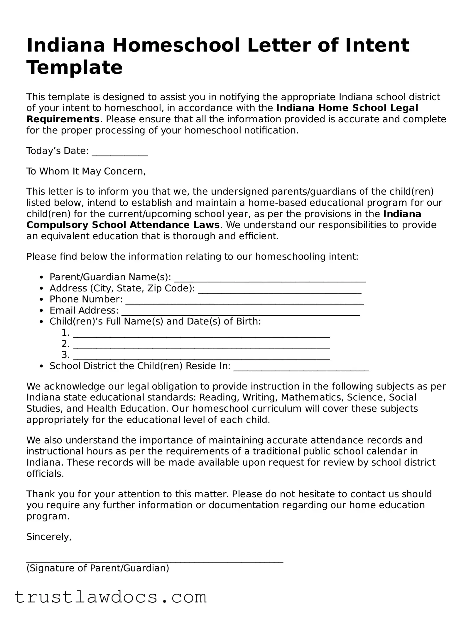 Free  Homeschool Letter of Intent Form for Indiana