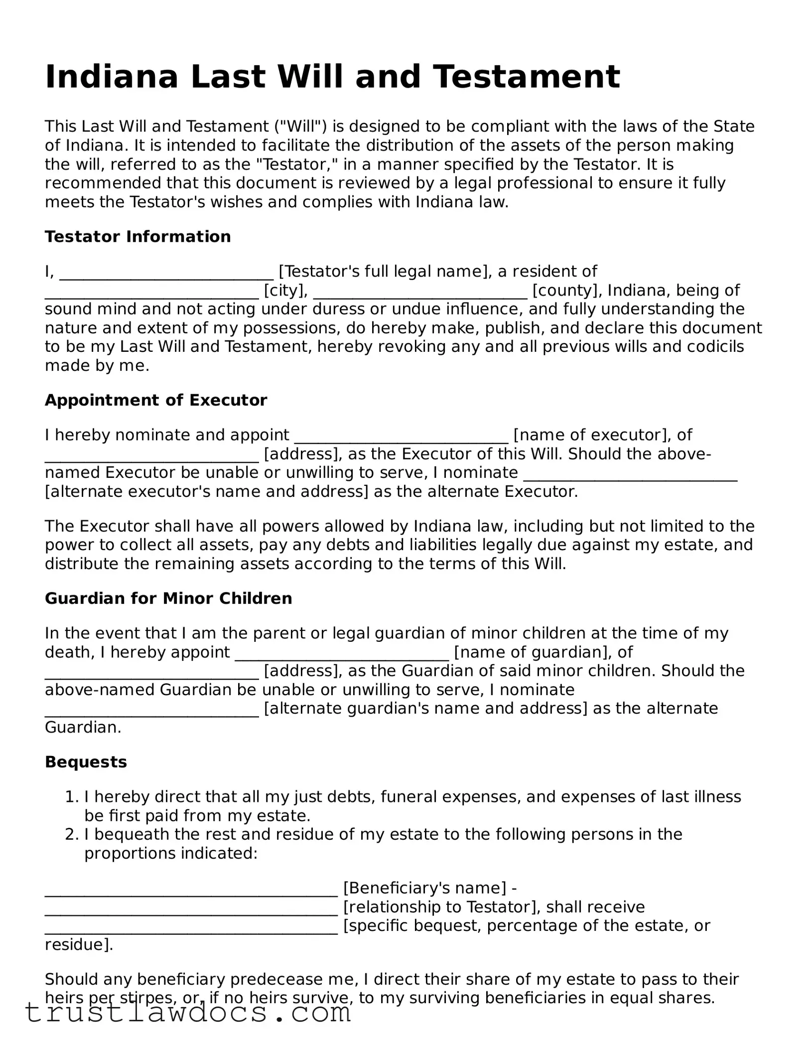 Free  Last Will and Testament Form for Indiana