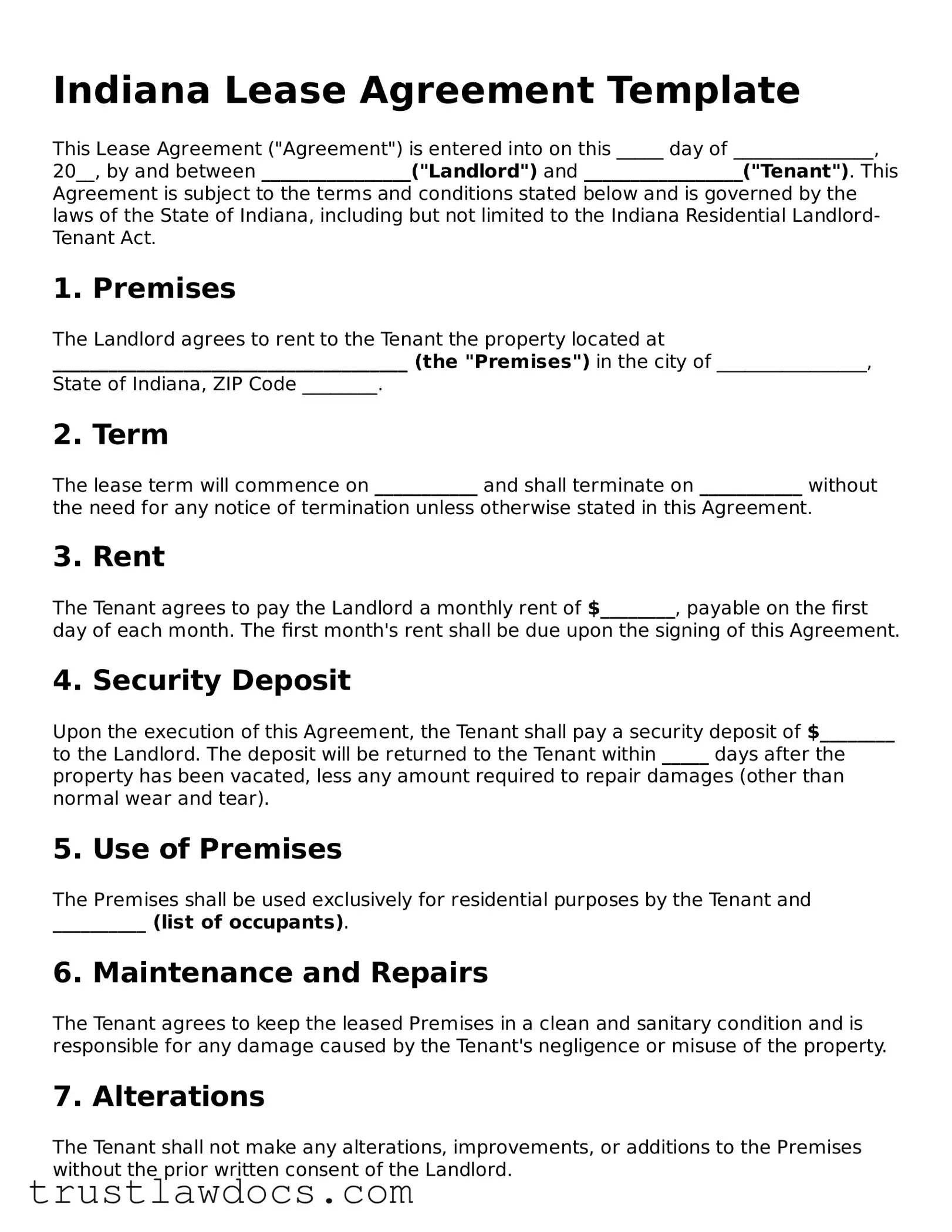 Free  Lease Agreement Form for Indiana