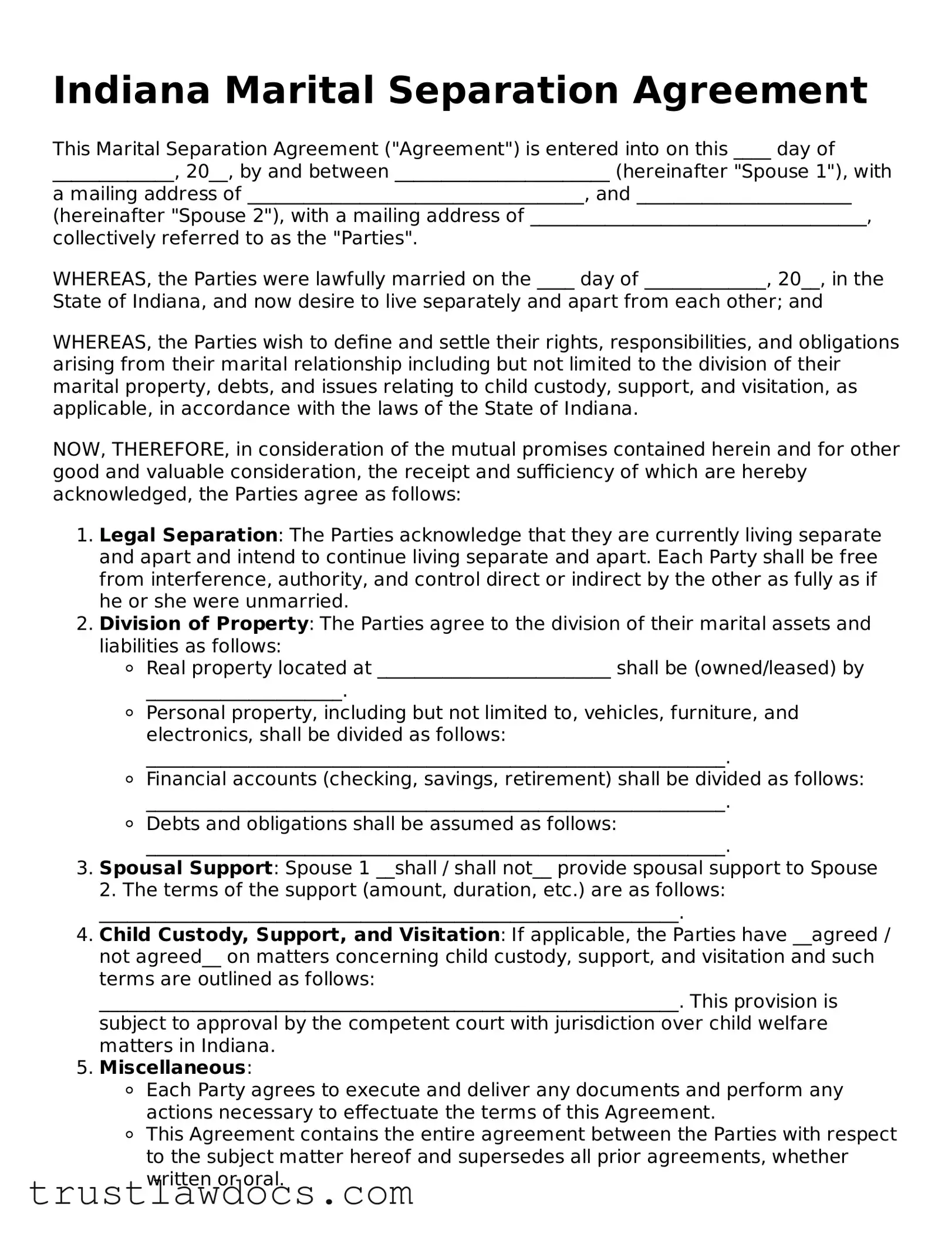Free  Marital Separation Agreement Form for Indiana