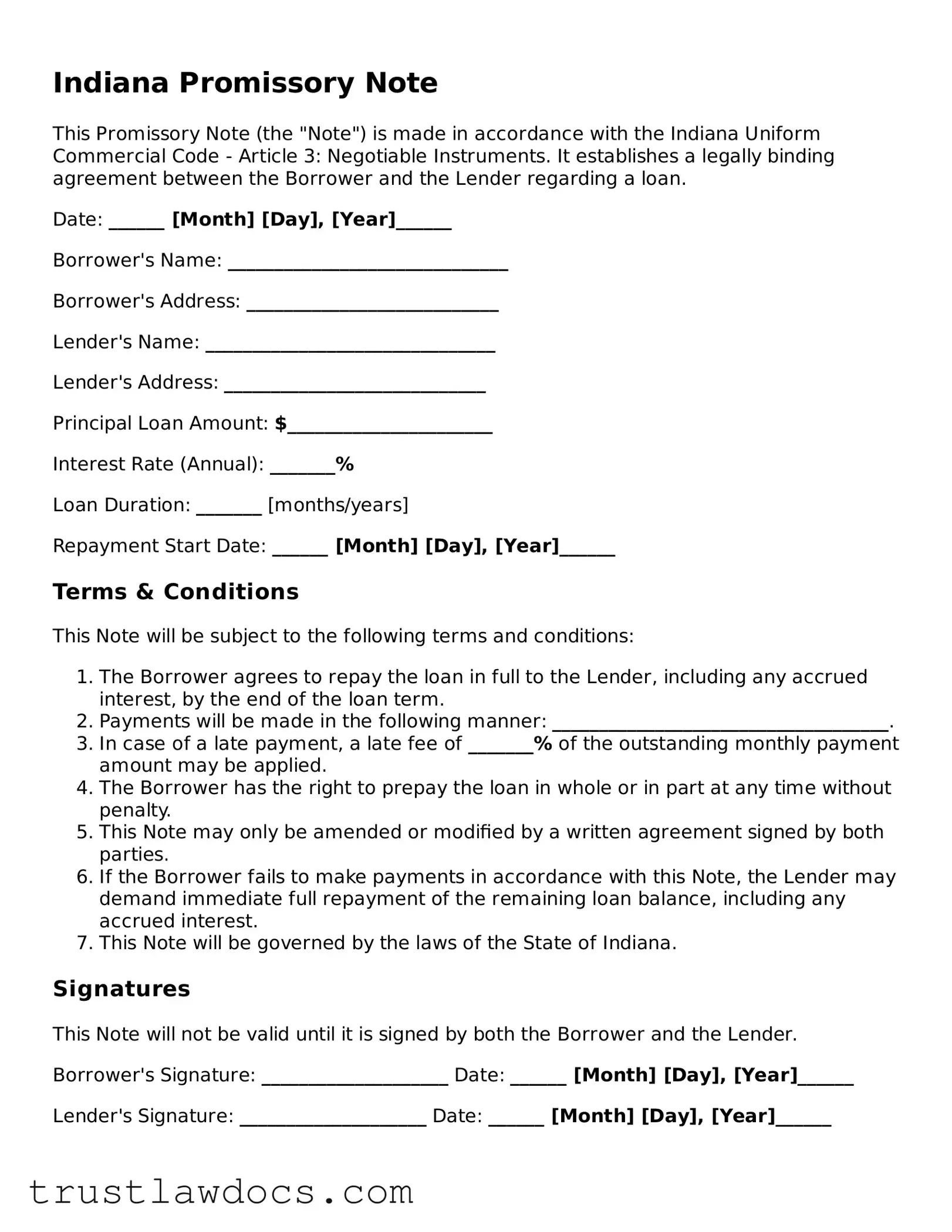 Free  Promissory Note Form for Indiana