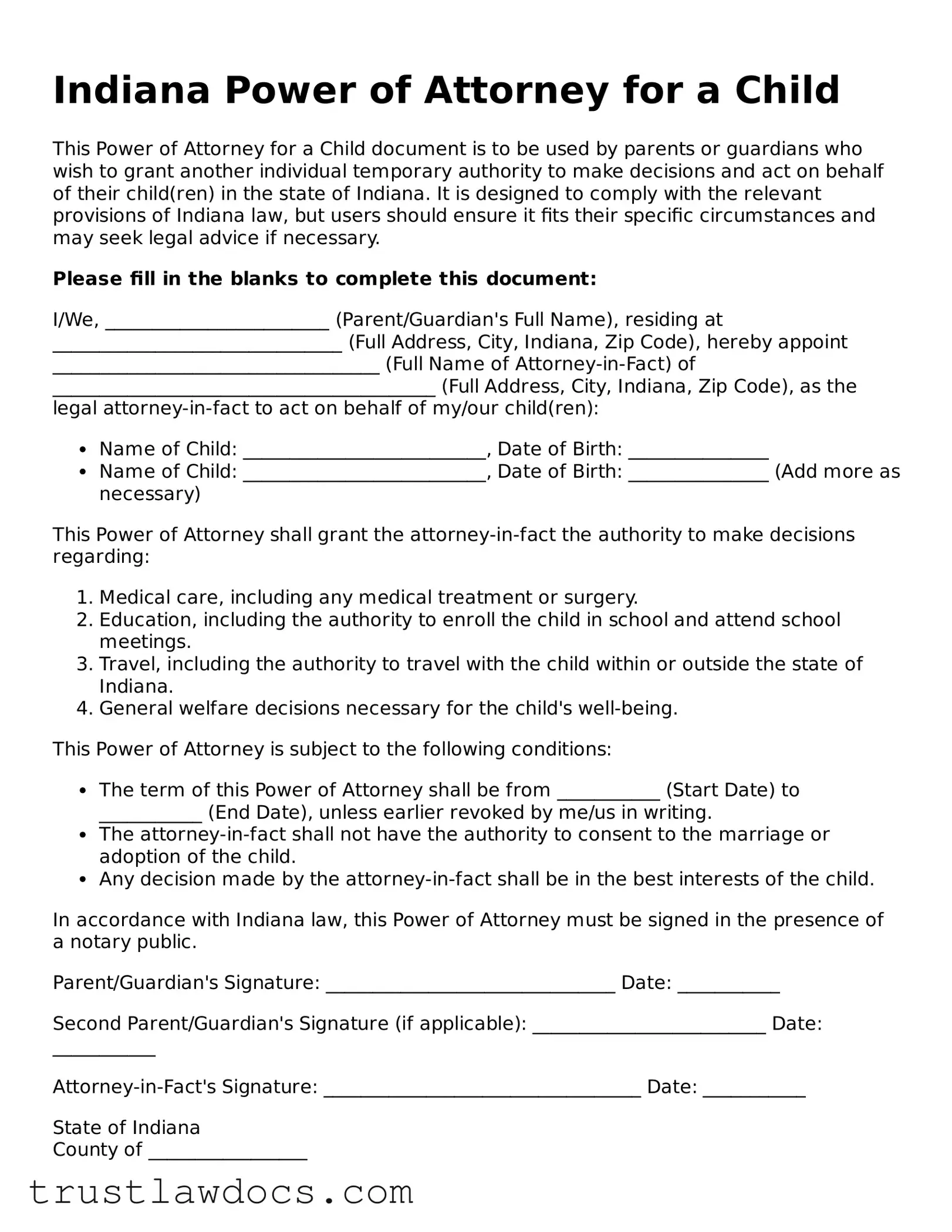Free  Power of Attorney for a Child Form for Indiana