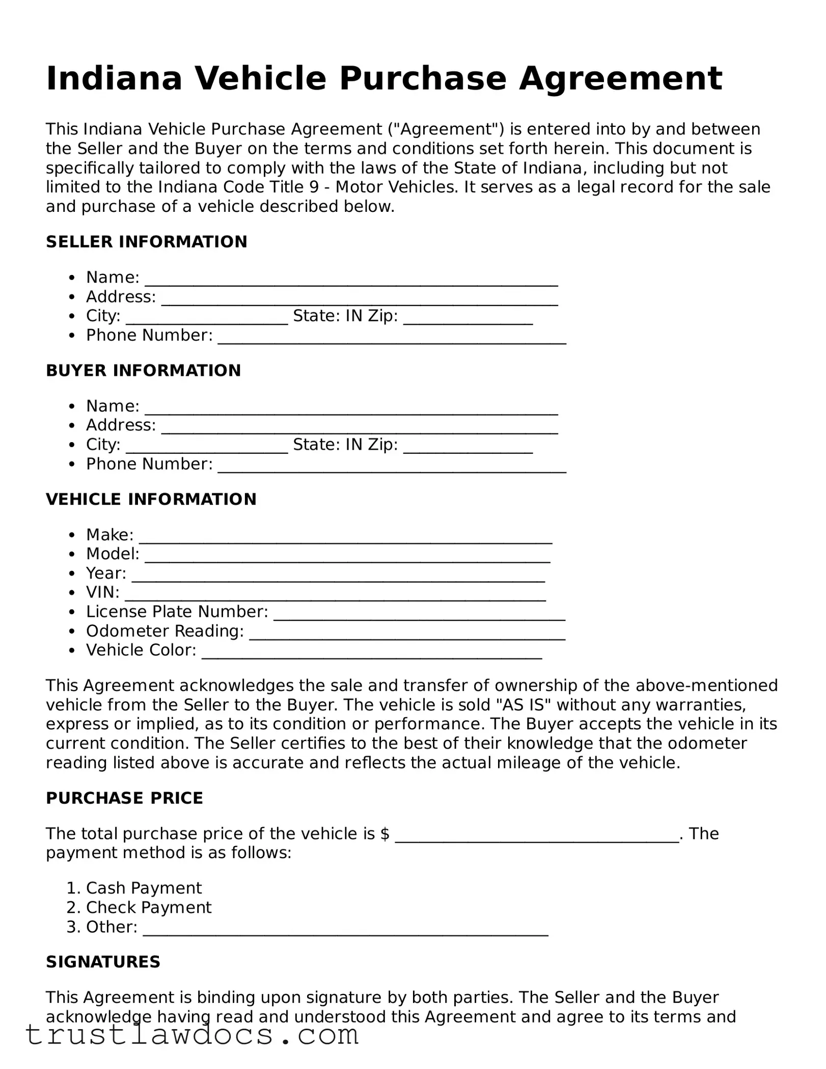 Free  Vehicle Purchase Agreement Form for Indiana