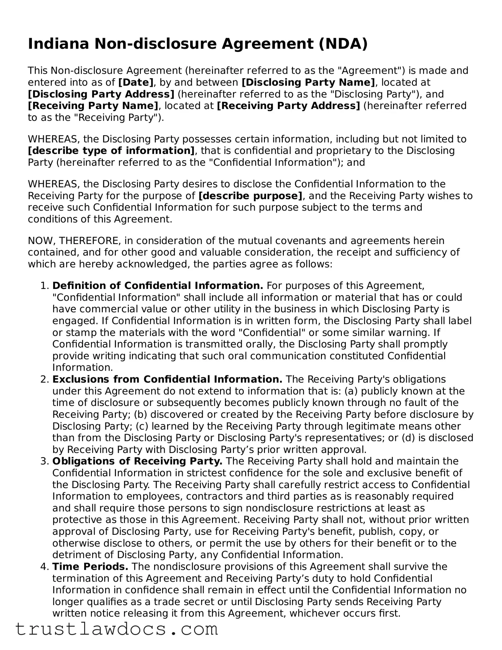 Free  Non-disclosure Agreement Form for Indiana