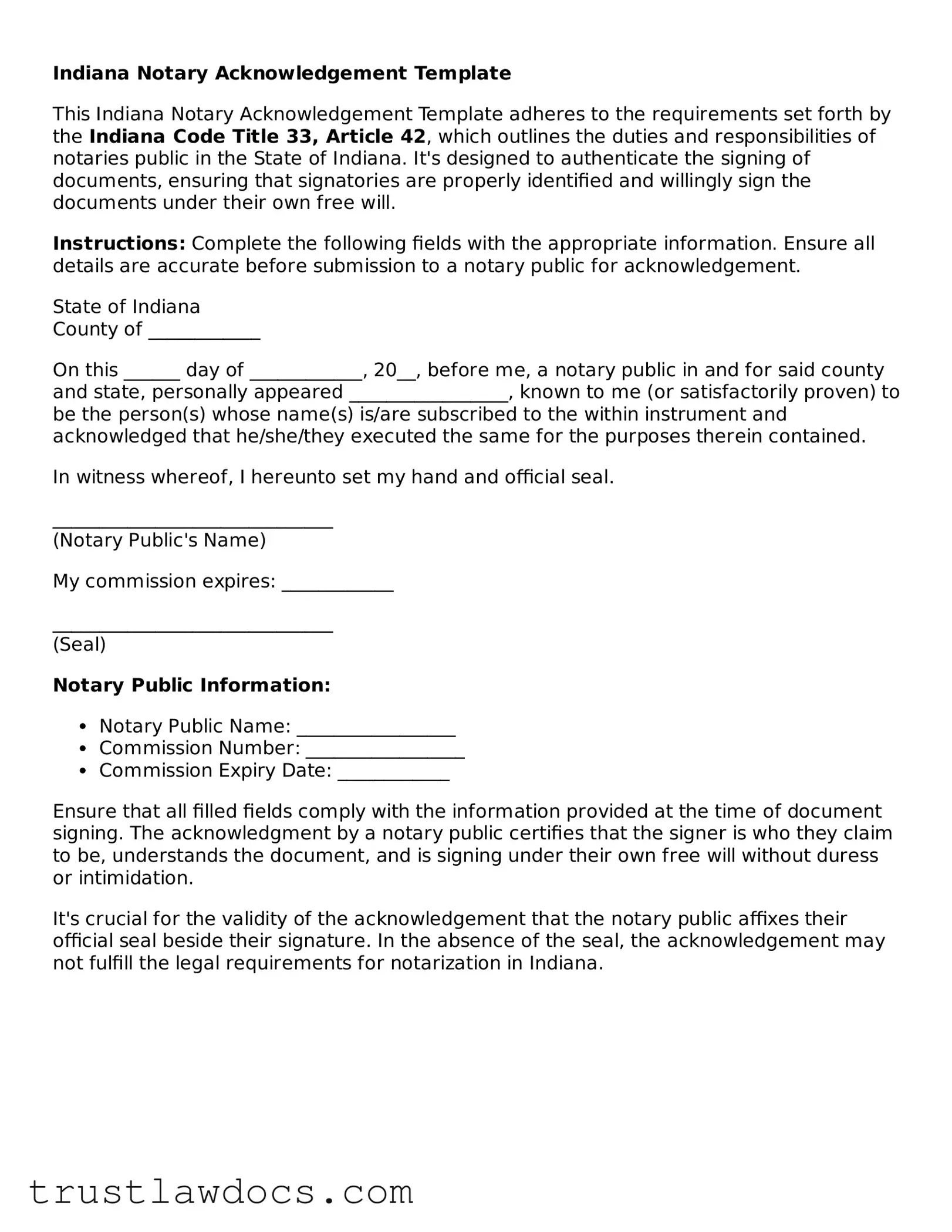 Free  Notary Acknowledgement Form for Indiana