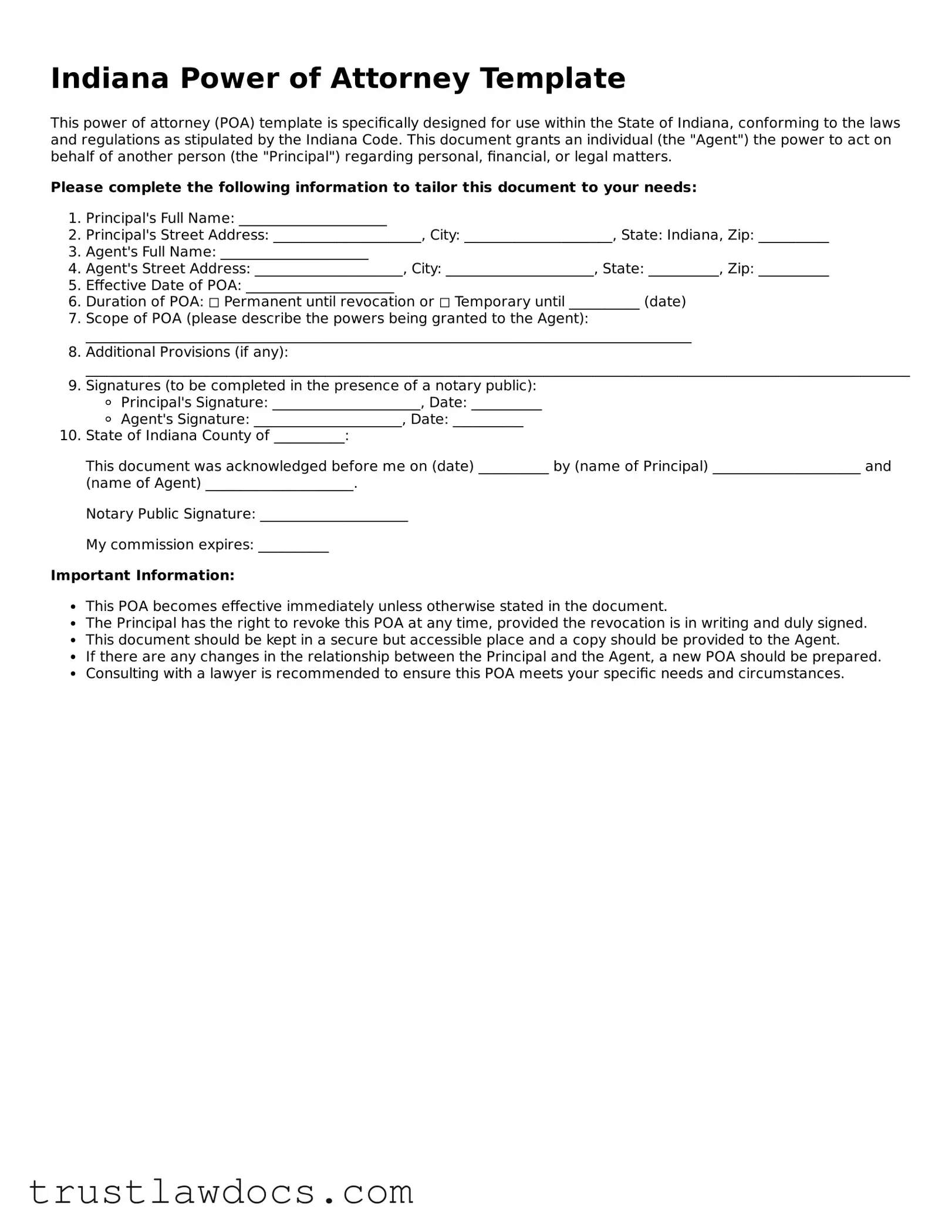 Free  Power of Attorney Form for Indiana