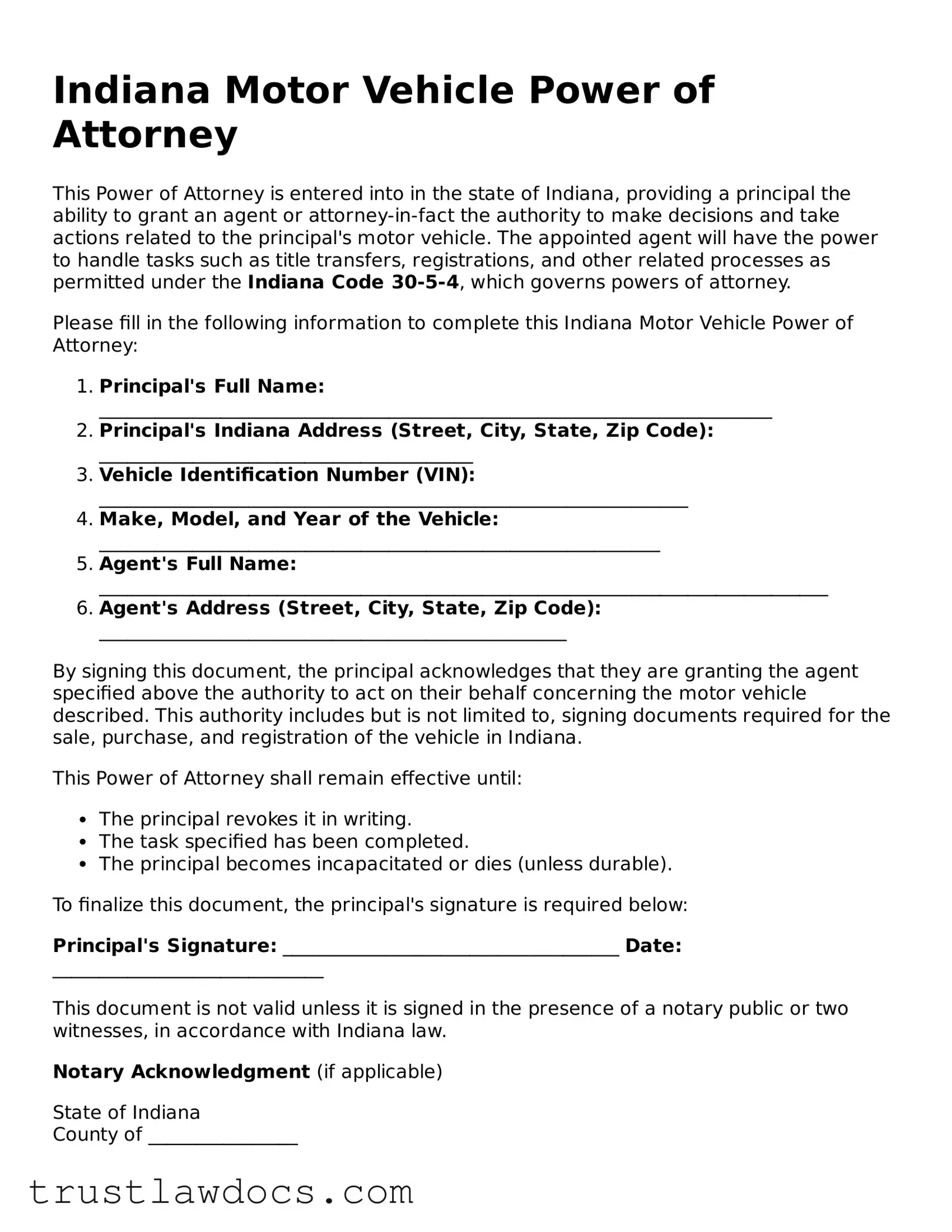 Free  Motor Vehicle Power of Attorney Form for Indiana