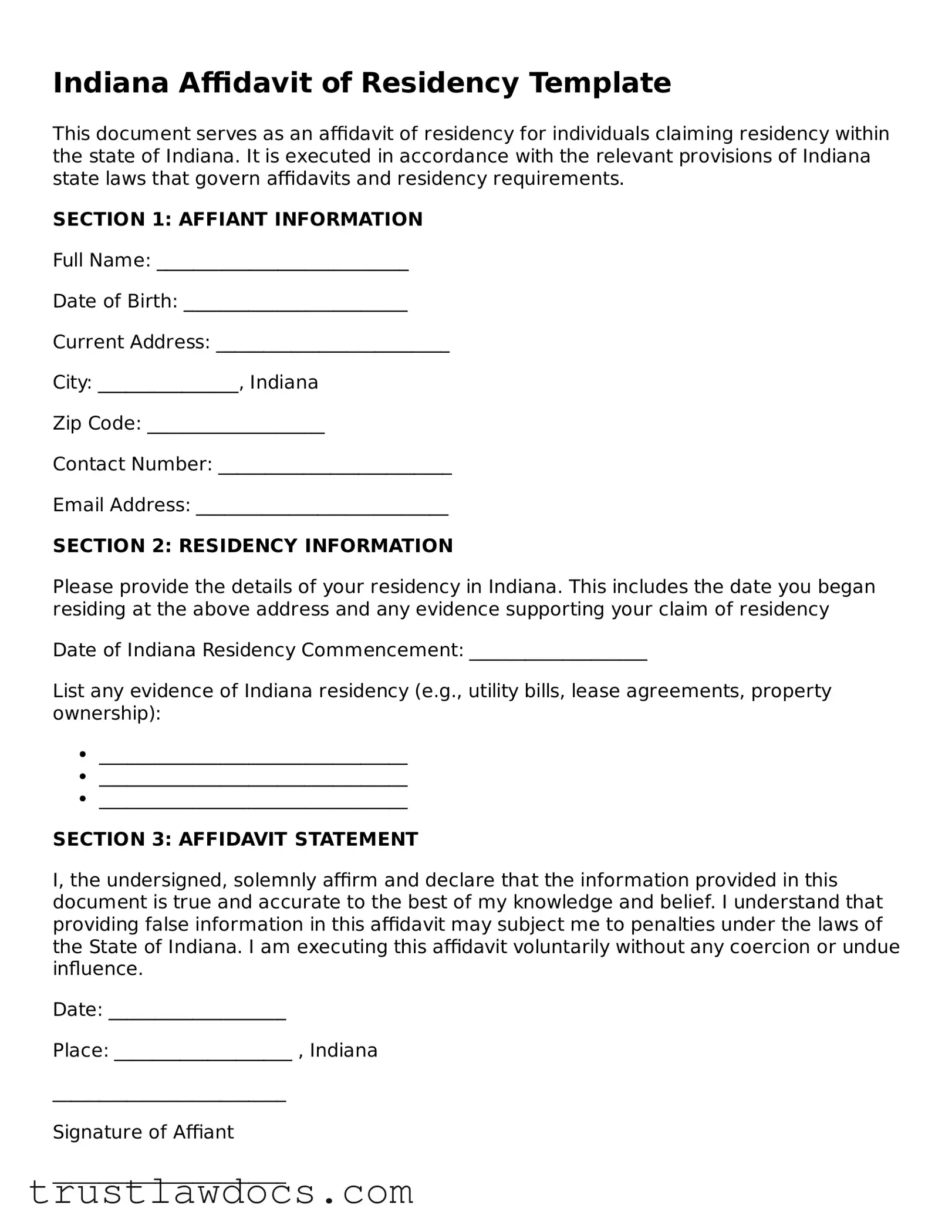 Free  Affidavit of Residency Form for Indiana