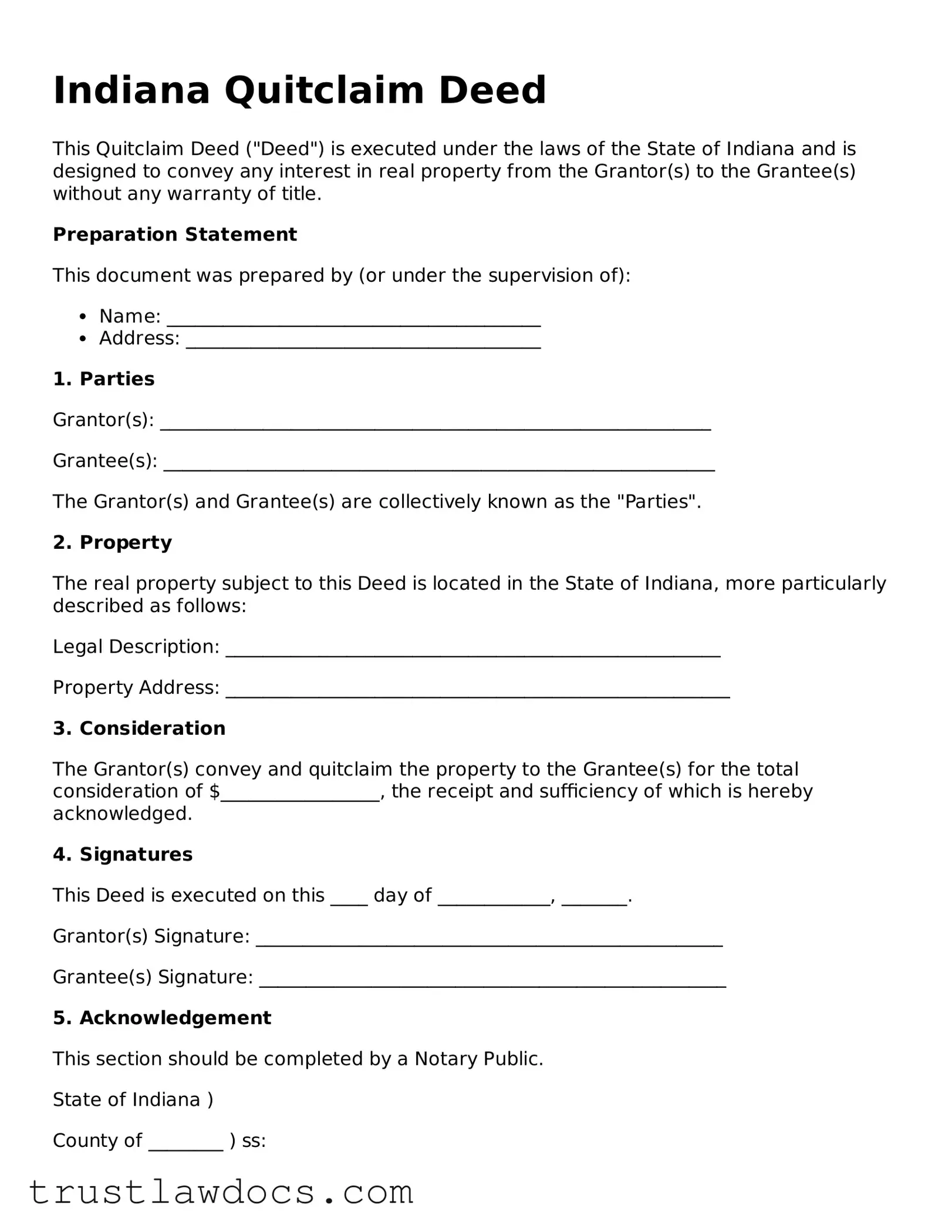 Free  Quitclaim Deed Form for Indiana
