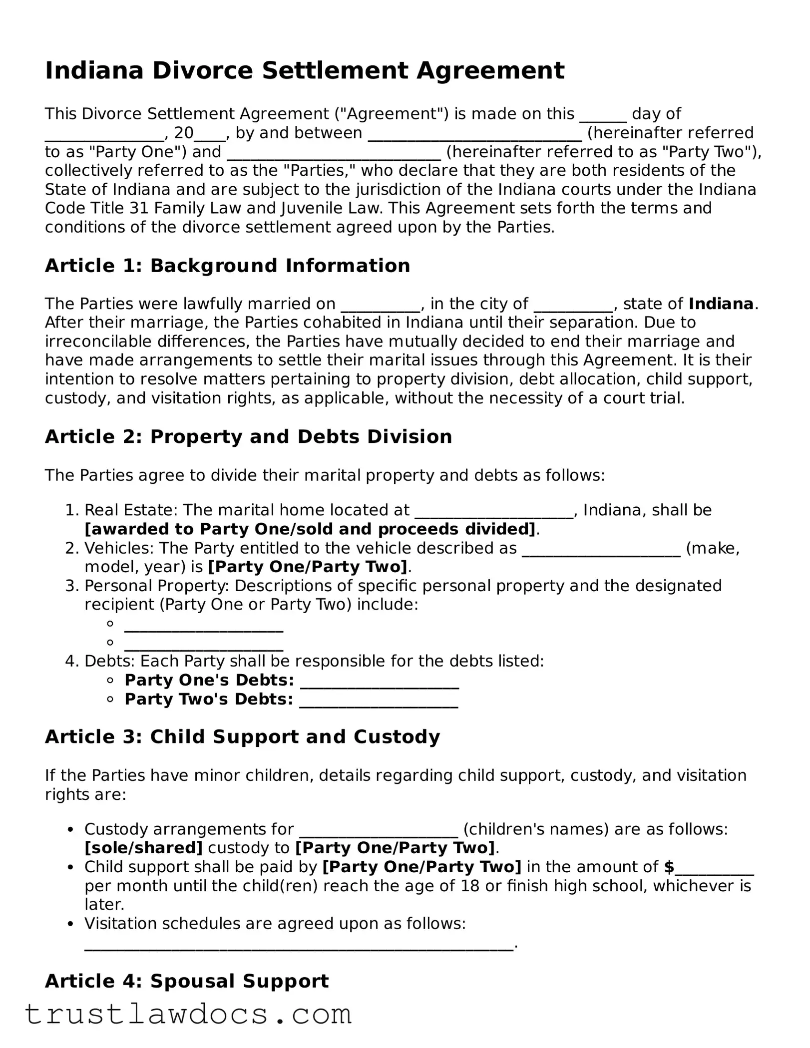 Free  Divorce Settlement Agreement Form for Indiana